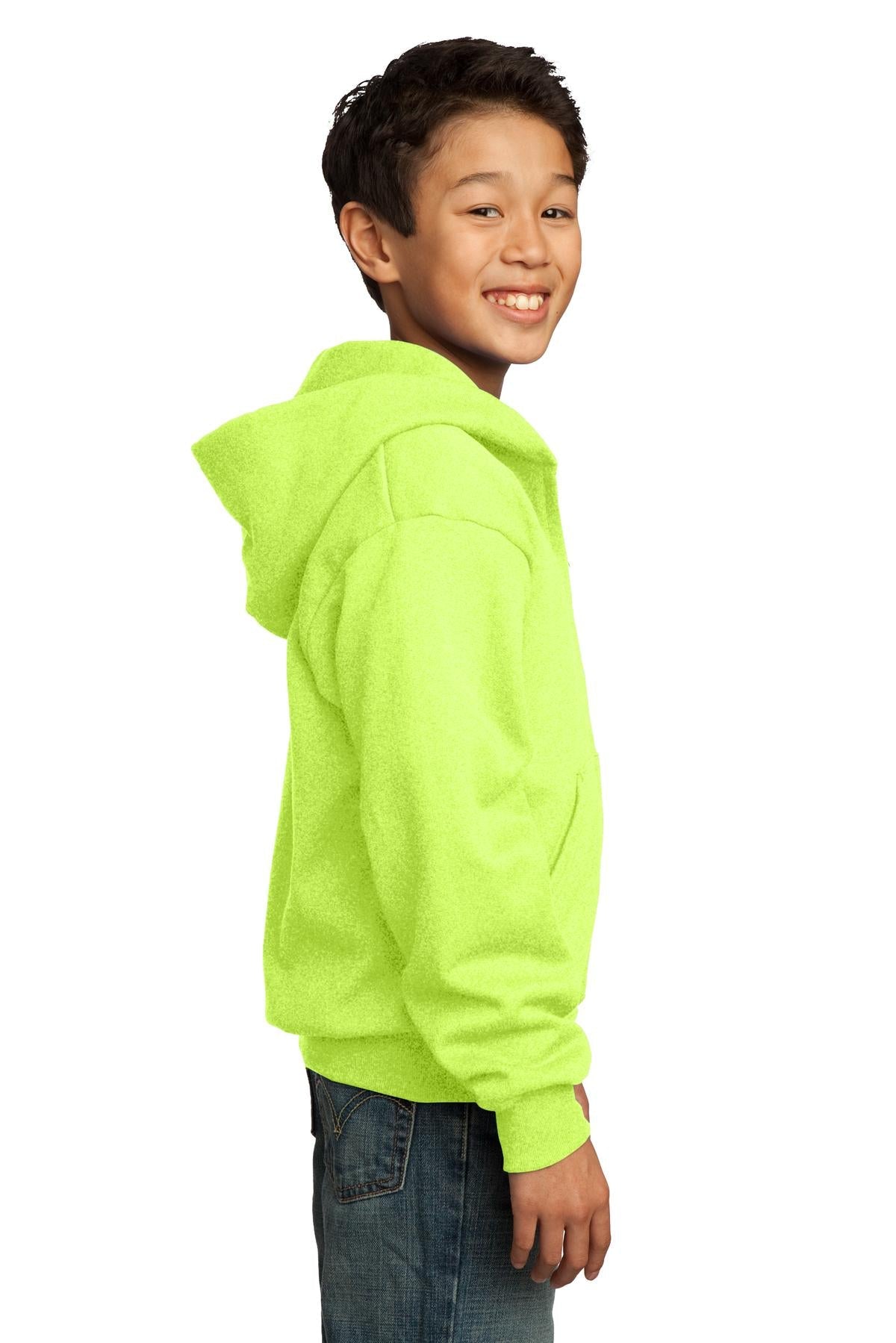 Neon Yellow Port & Co Youth Core Fleece Full-Zip Hooded Sweatshirt. PC90YZH