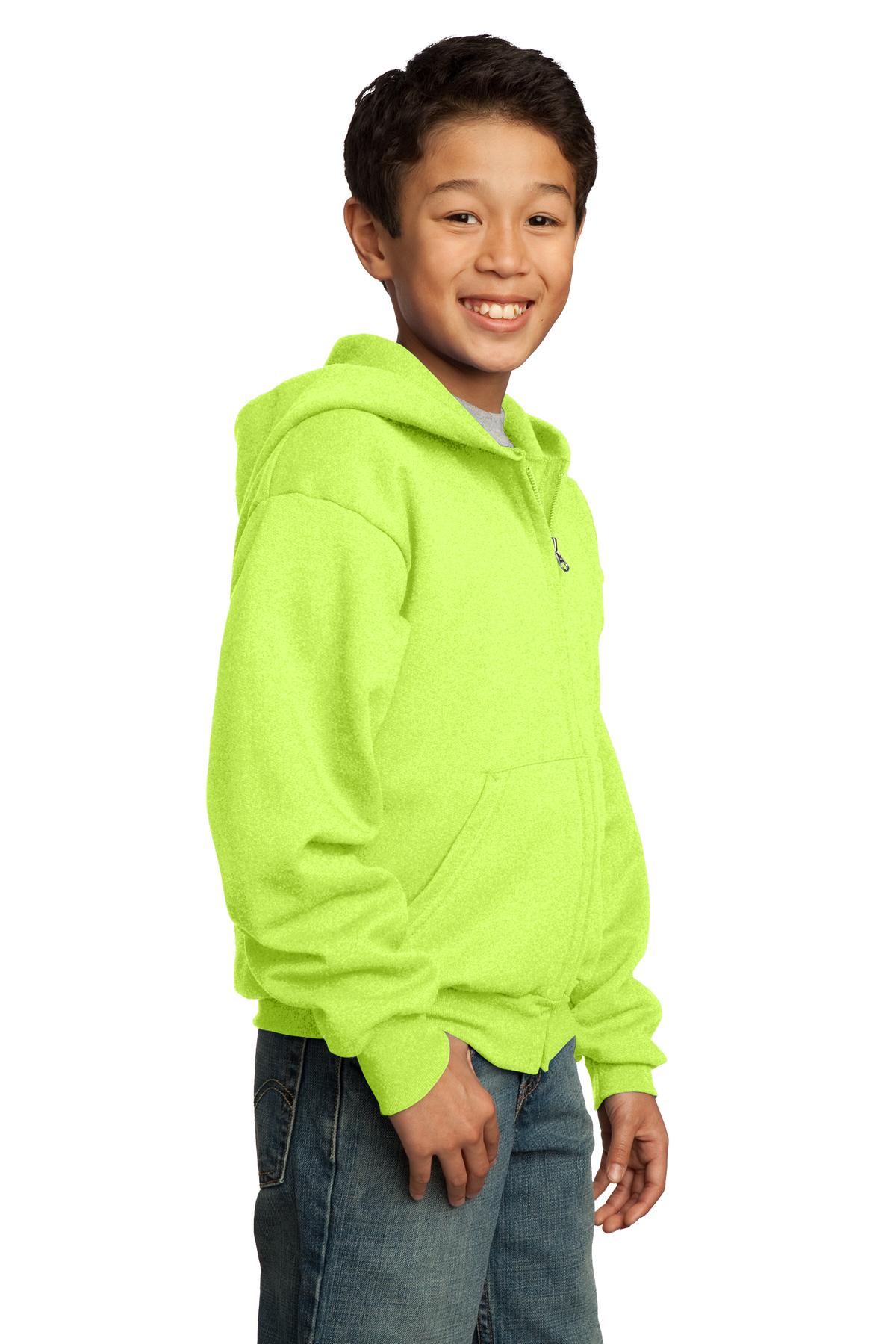 Neon Yellow Port & Co Youth Core Fleece Full-Zip Hooded Sweatshirt. PC90YZH