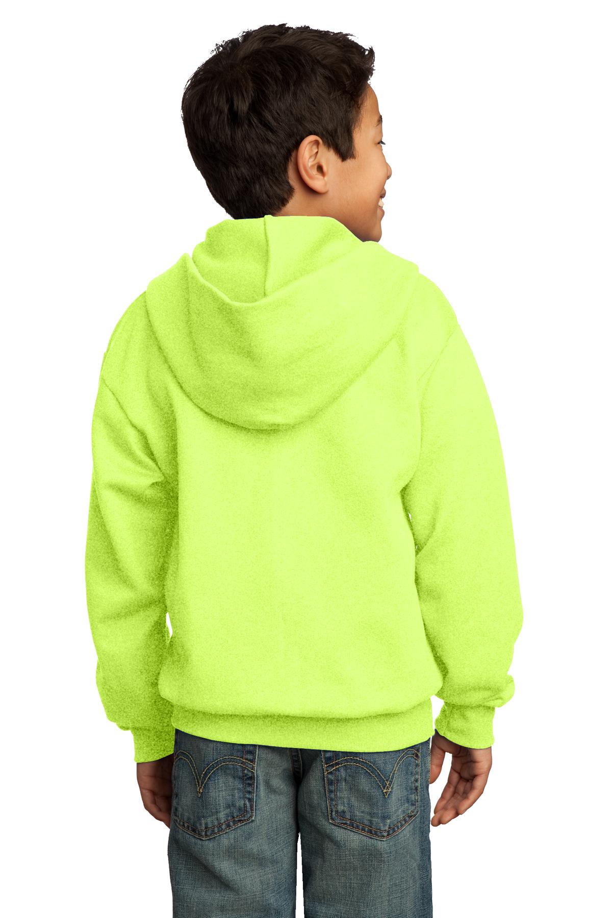 Neon Yellow Port & Co Youth Core Fleece Full-Zip Hooded Sweatshirt. PC90YZH