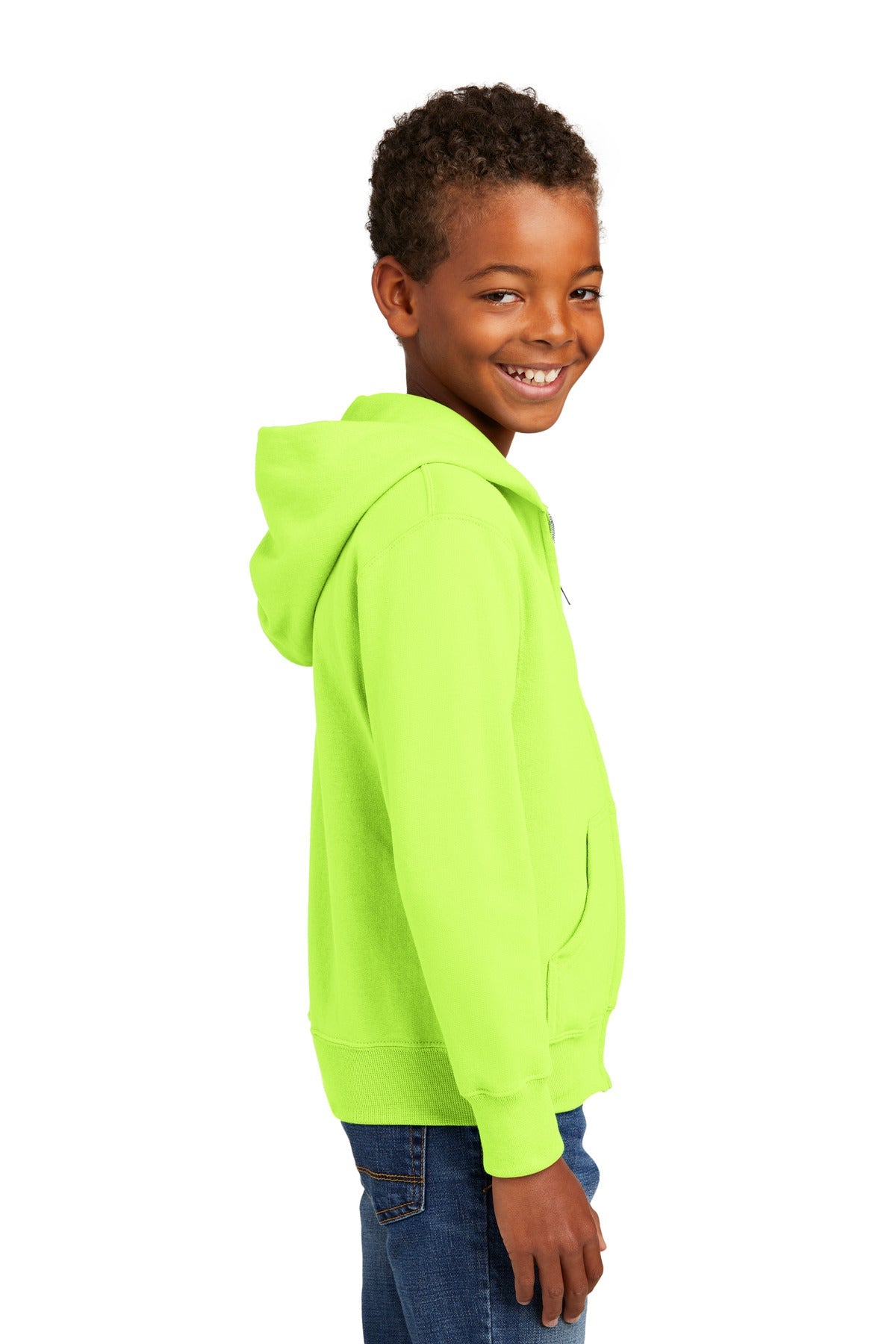 Neon Yellow Port & Co Youth Core Fleece Full-Zip Hooded Sweatshirt. PC90YZH