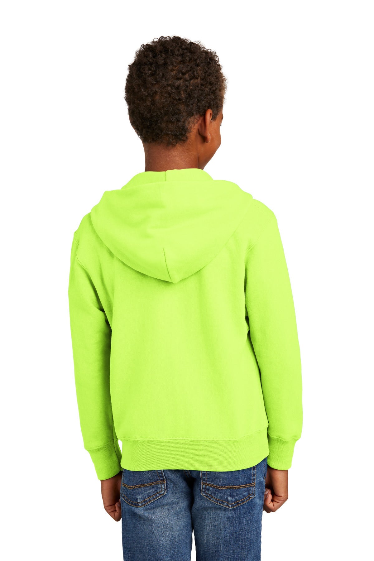 Neon Yellow Port & Co Youth Core Fleece Full-Zip Hooded Sweatshirt. PC90YZH