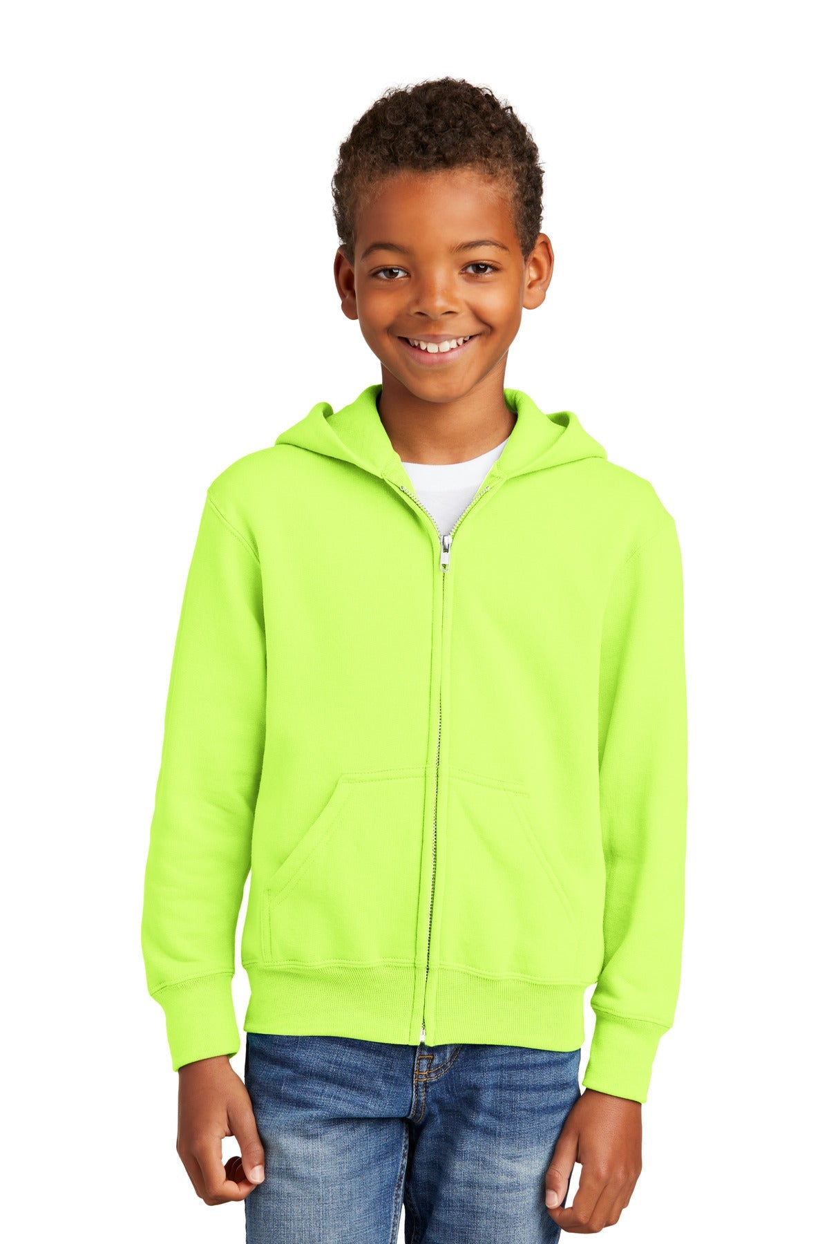 Neon Yellow Port & Co Youth Core Fleece Full-Zip Hooded Sweatshirt. PC90YZH