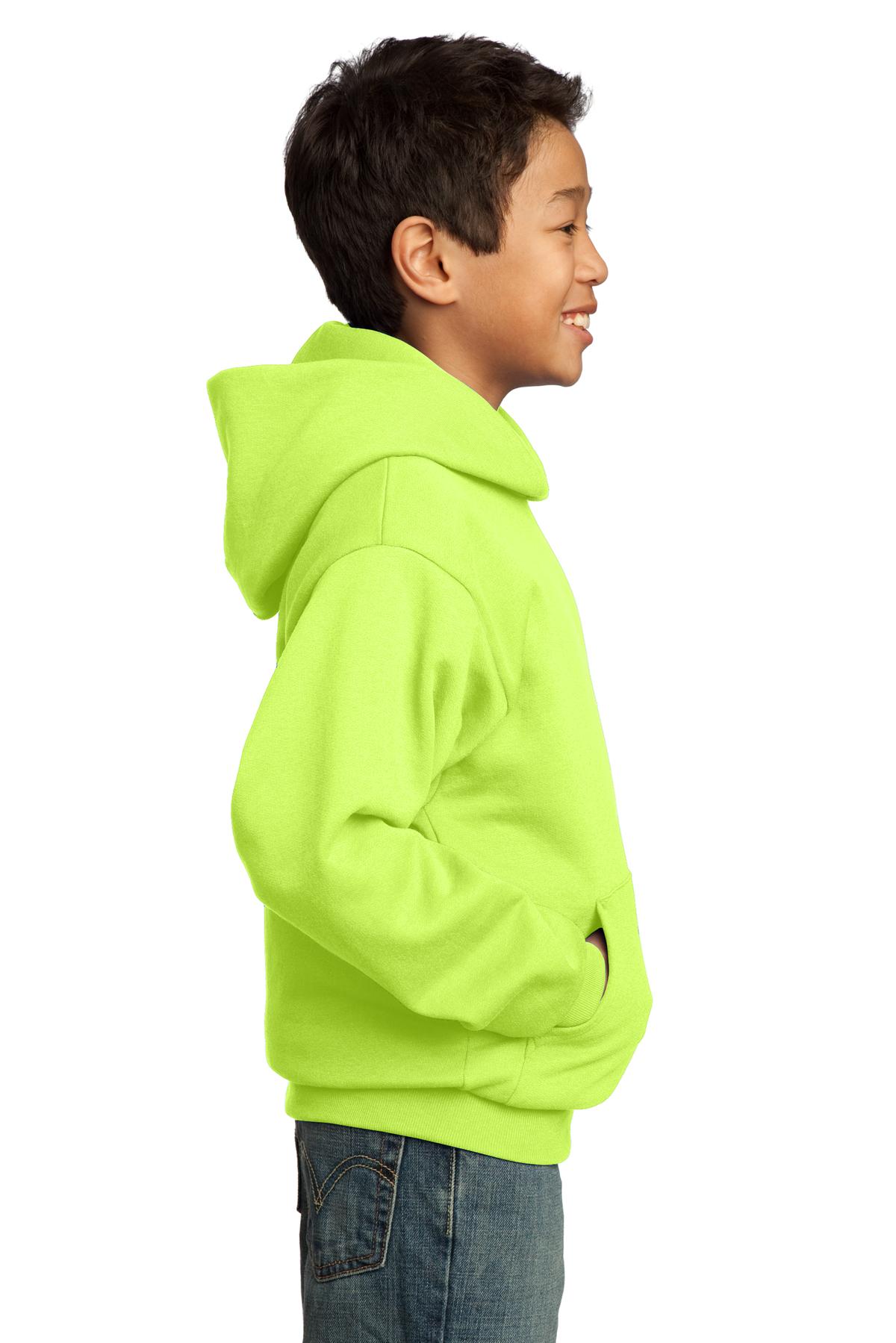 Neon Yellow Port & Co Youth Core Fleece Pullover Hooded Sweatshirt. PC90YH
