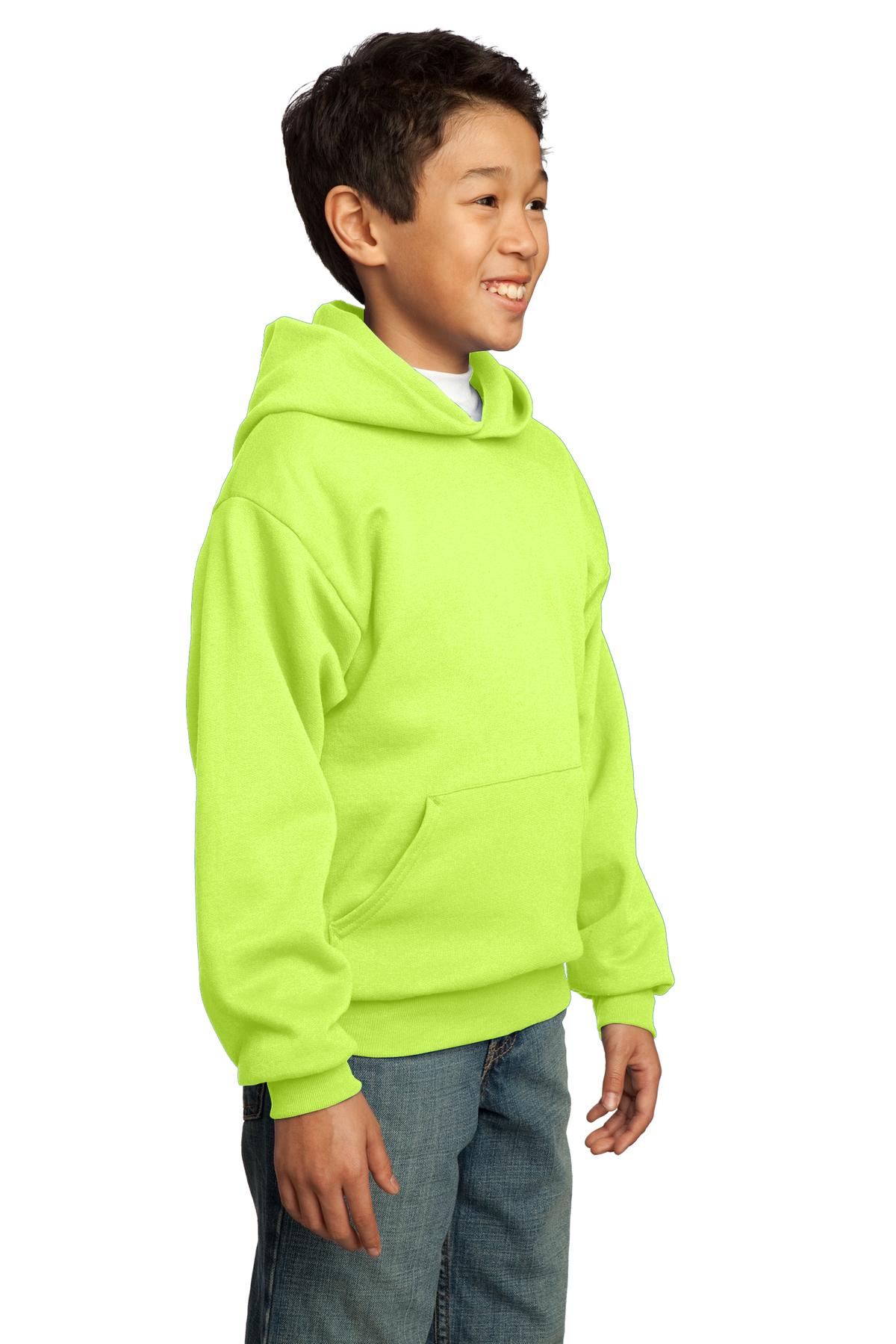 Neon Yellow Port & Co Youth Core Fleece Pullover Hooded Sweatshirt. PC90YH