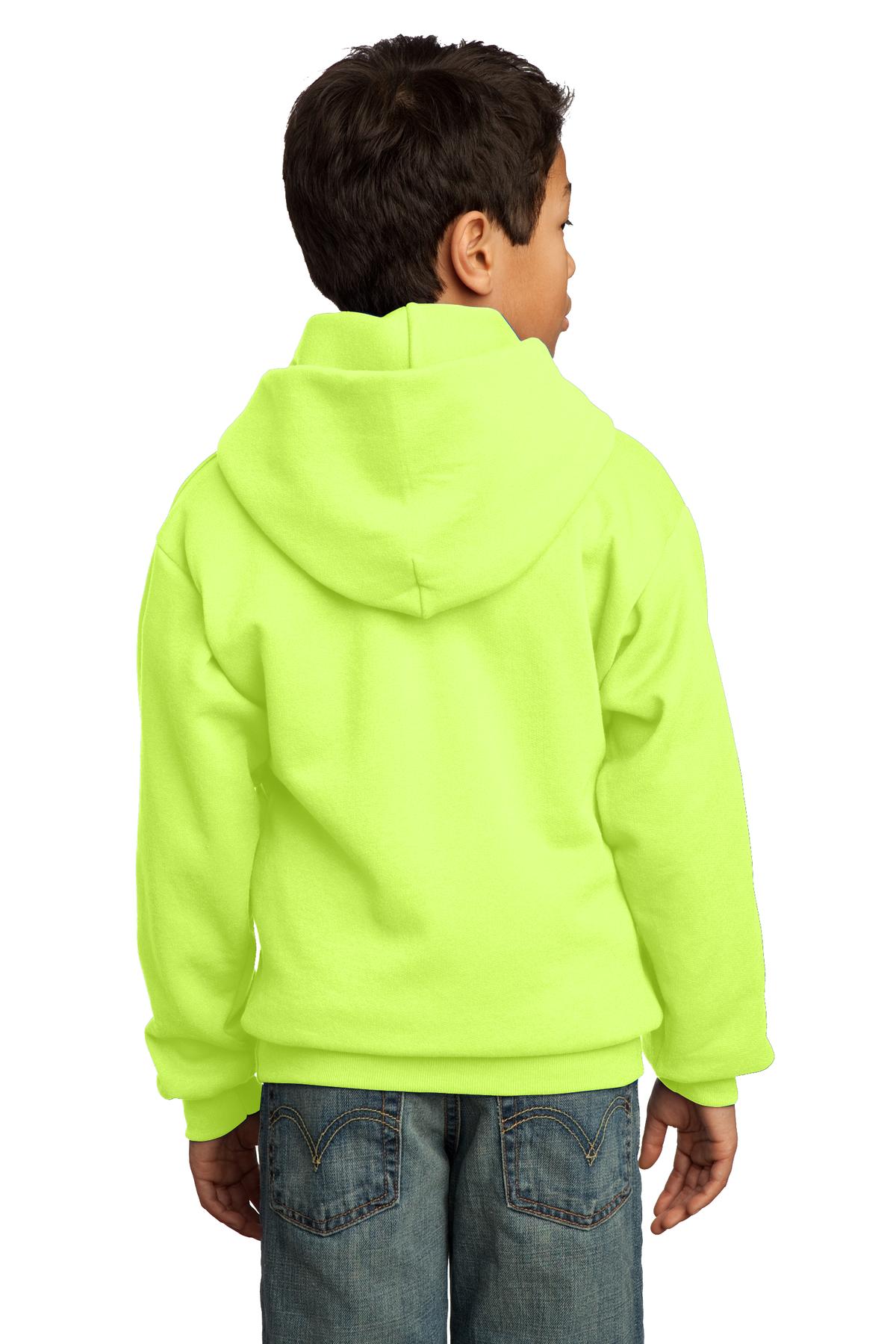 Neon Yellow Port & Co Youth Core Fleece Pullover Hooded Sweatshirt. PC90YH
