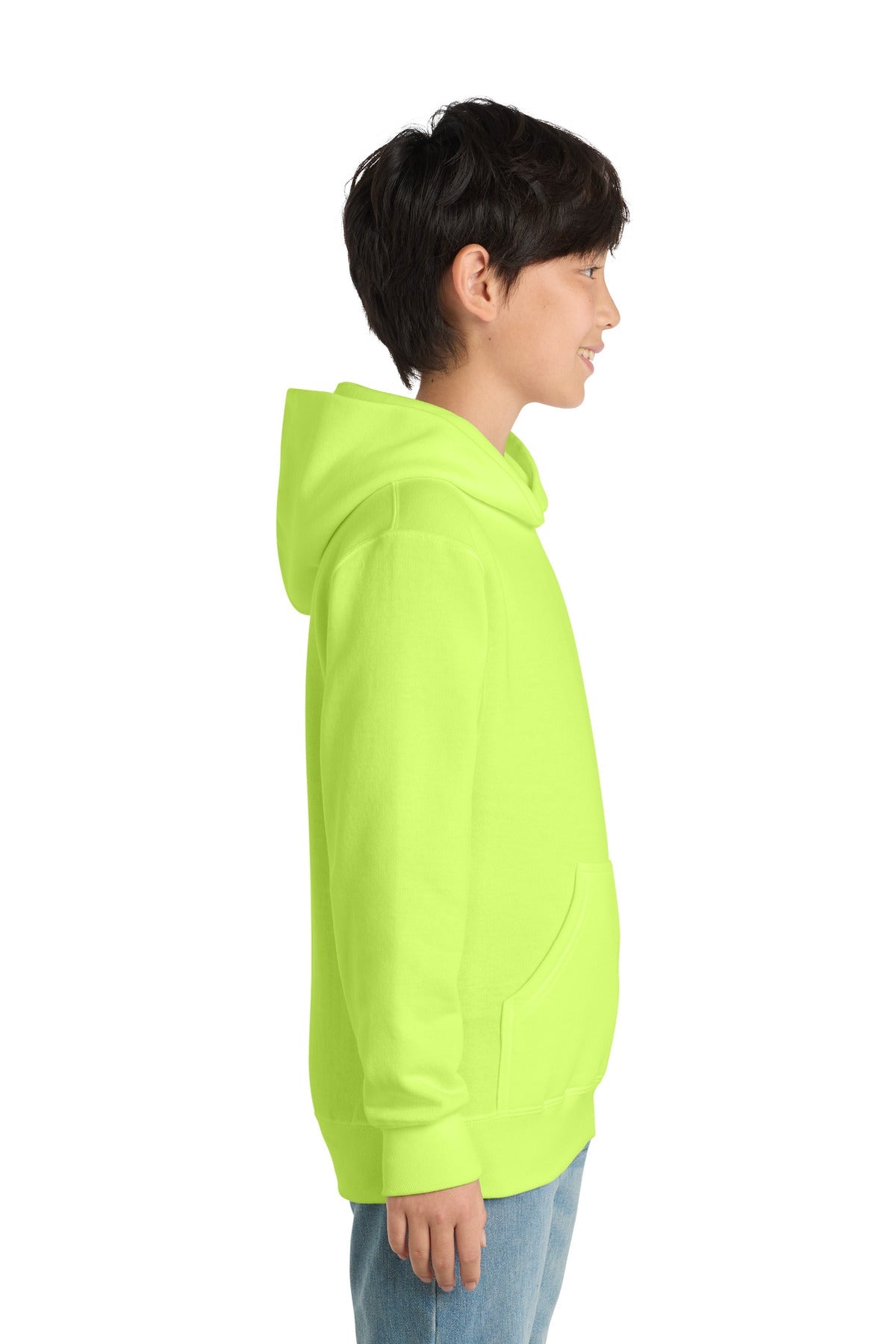 Neon Yellow Port & Co Youth Core Fleece Pullover Hooded Sweatshirt. PC90YH