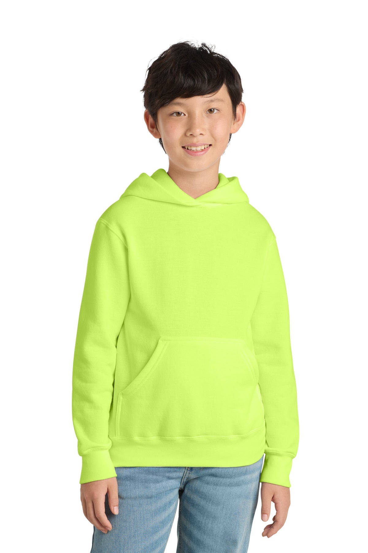 Neon Yellow Port & Co Youth Core Fleece Pullover Hooded Sweatshirt. PC90YH