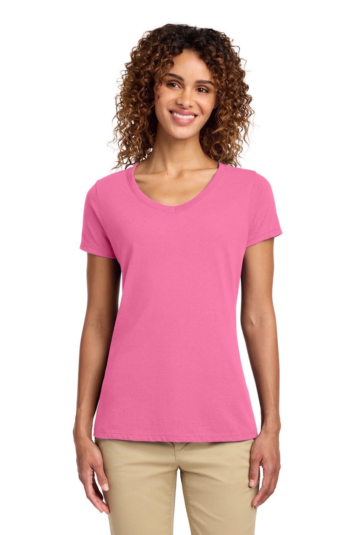 New Pink Port & Co Women's Fan Favorite V-Neck Tee. LPC450V