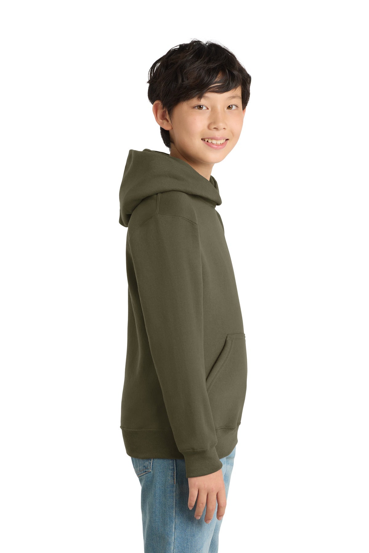 Olive Drab Grn Port & Co Youth Core Fleece Pullover Hooded Sweatshirt. PC90YH