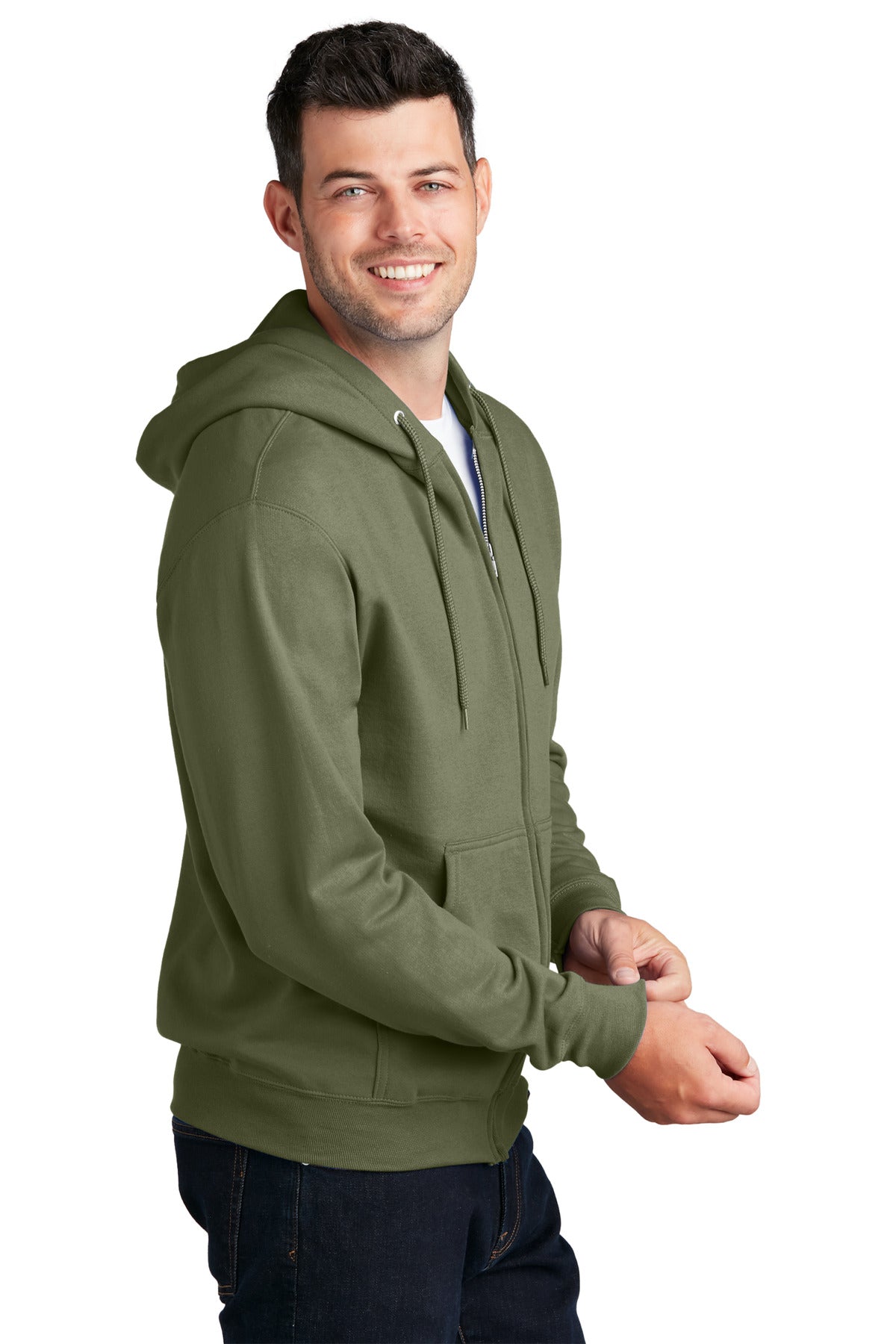 OlvDrabGn Port & Co Core Fleece Full-Zip Hooded Sweatshirt. PC78ZH
