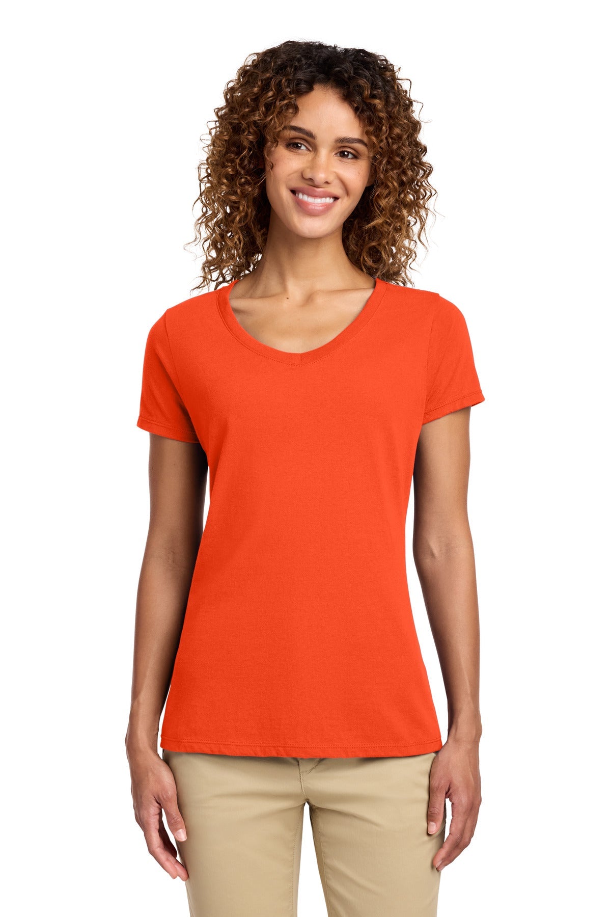 Orange Port & Co Women's Fan Favorite V-Neck Tee. LPC450V