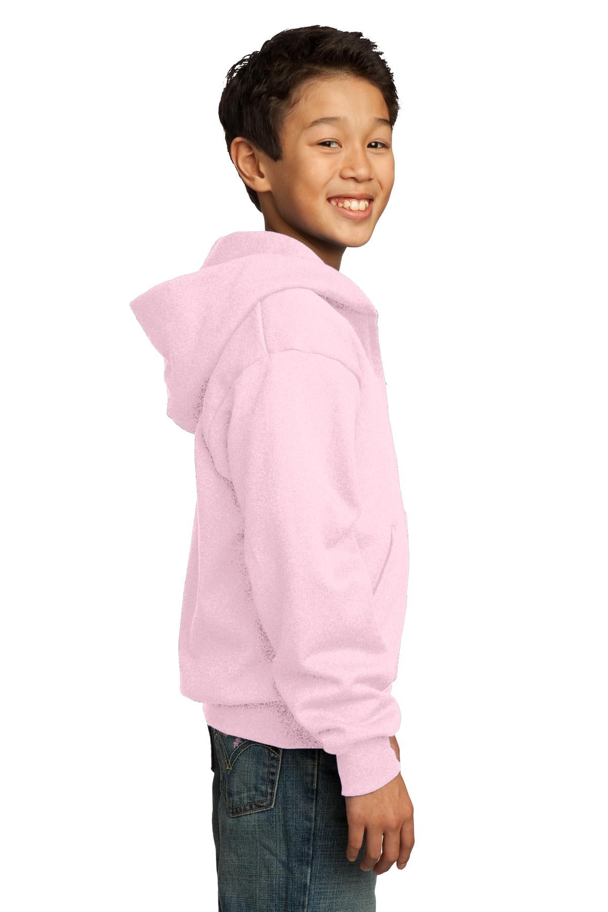 Pale Pink Port & Co Youth Core Fleece Full-Zip Hooded Sweatshirt. PC90YZH