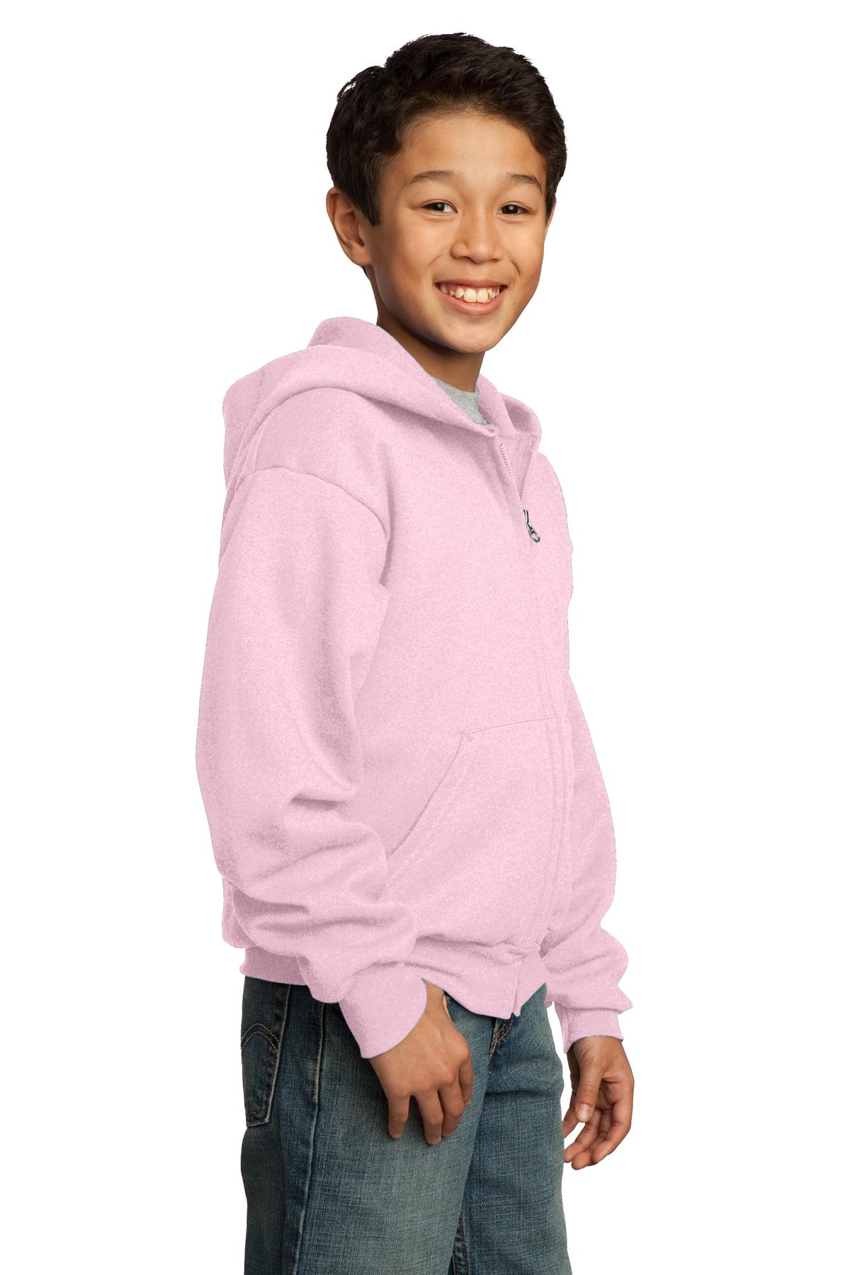 Pale Pink Port & Co Youth Core Fleece Full-Zip Hooded Sweatshirt. PC90YZH