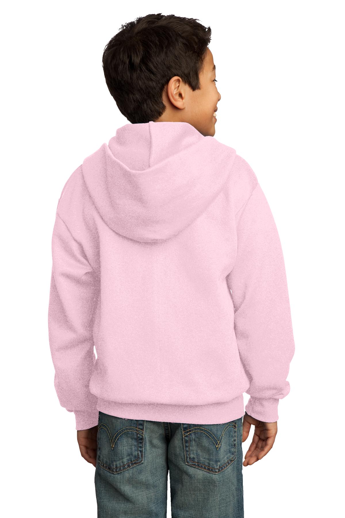 Pale Pink Port & Co Youth Core Fleece Full-Zip Hooded Sweatshirt. PC90YZH