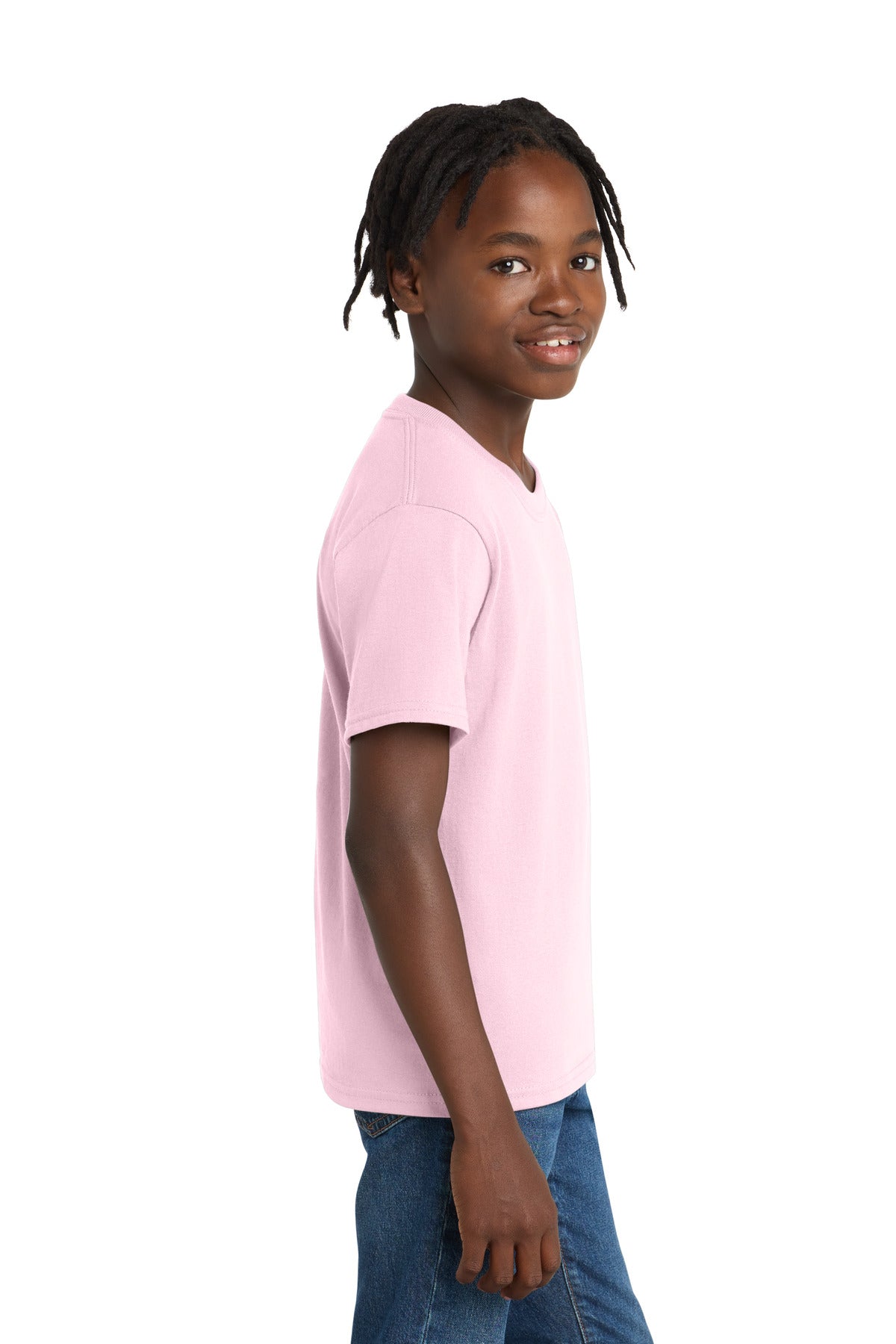 Pale Pink Port & Co Youth Essential Tee. PC61Y