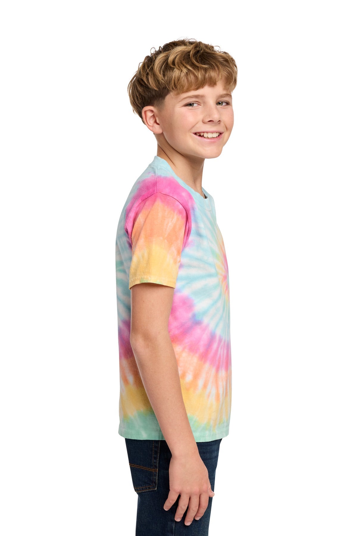 Pastel Rainbow Port & Co Youth Tie-Dye Tee. PC147Y