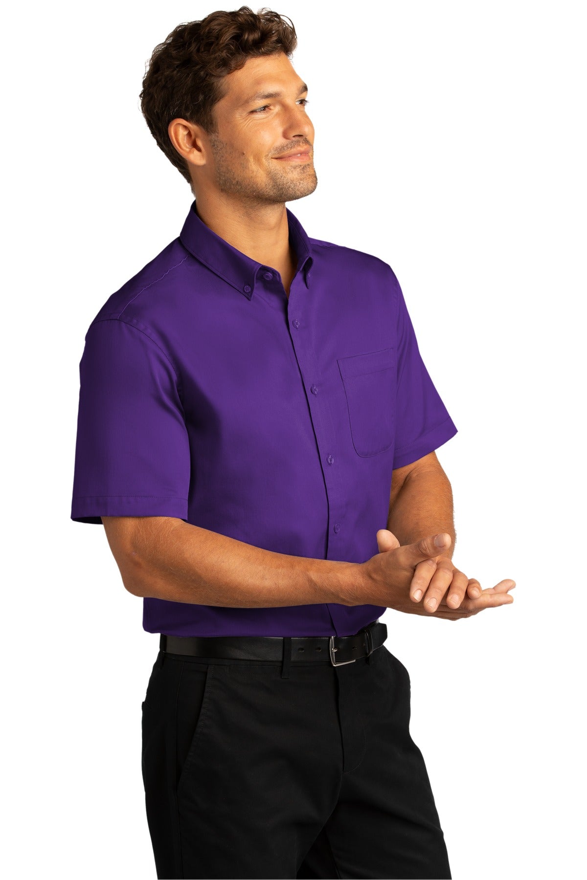 Purple Port Authority Short Sleeve SuperPro React Twill Shirt. W809