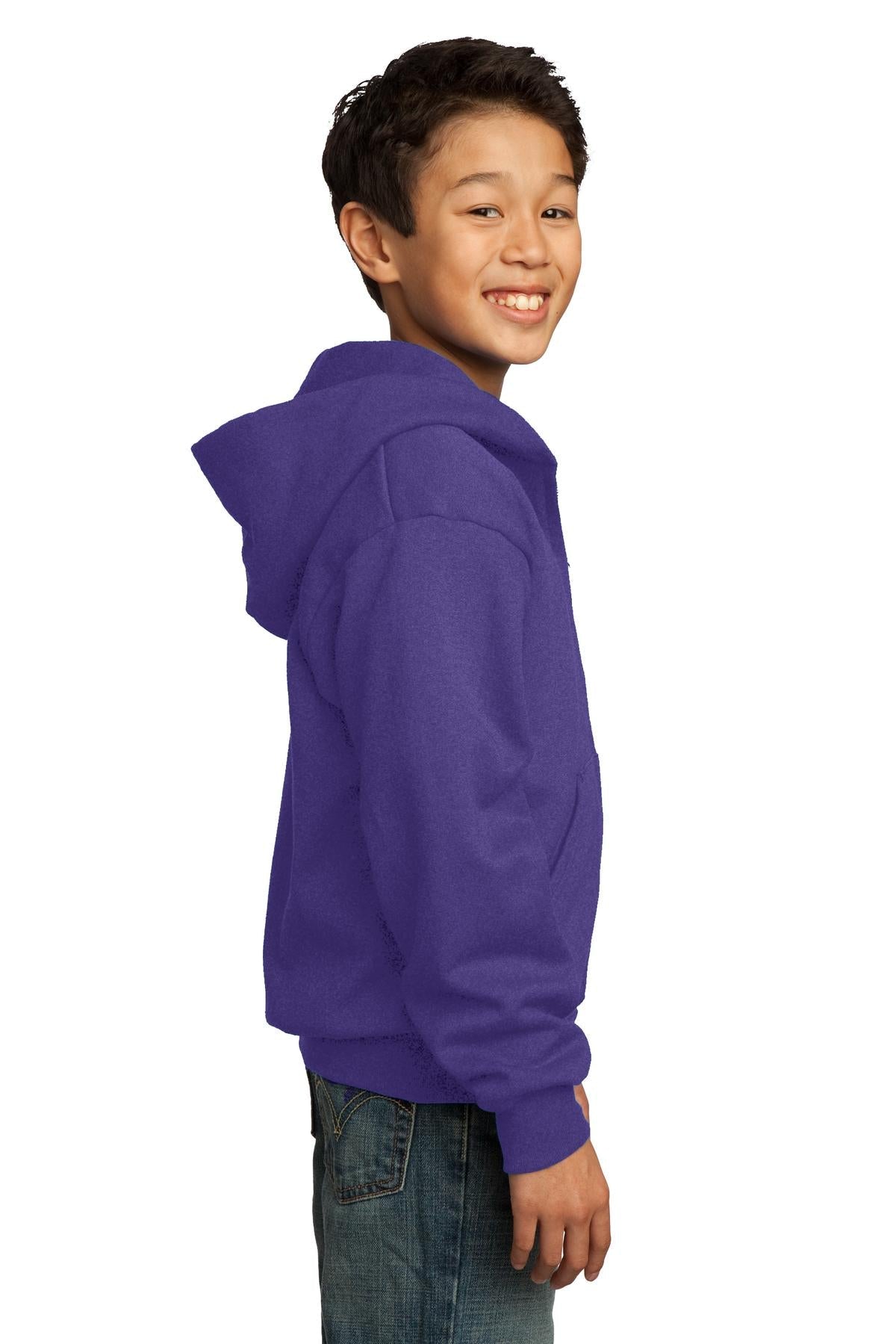 Purple Port & Co Youth Core Fleece Full-Zip Hooded Sweatshirt. PC90YZH
