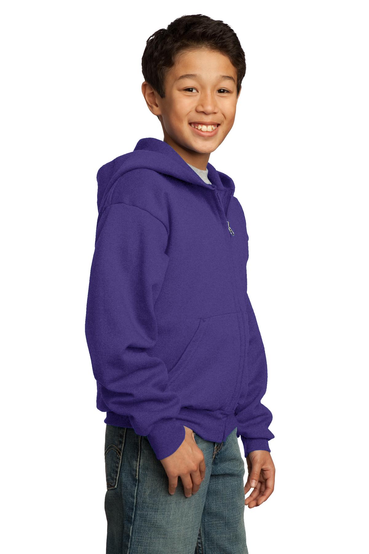 Purple Port & Co Youth Core Fleece Full-Zip Hooded Sweatshirt. PC90YZH
