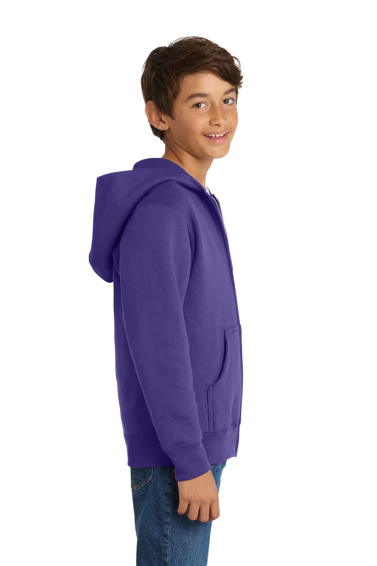 Purple Port & Co Youth Core Fleece Full-Zip Hooded Sweatshirt. PC90YZH