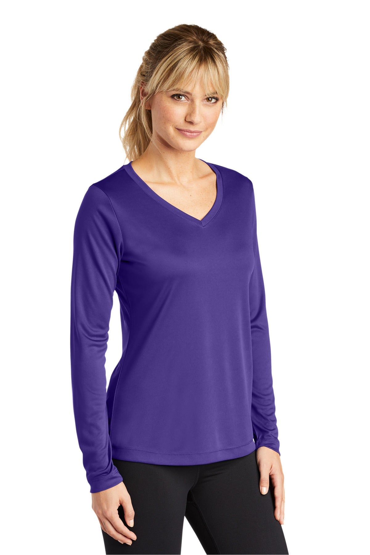 Purple Sport-Tek Women's Long Sleeve PosiCharge Competitor V-Neck Tee. LST353LS