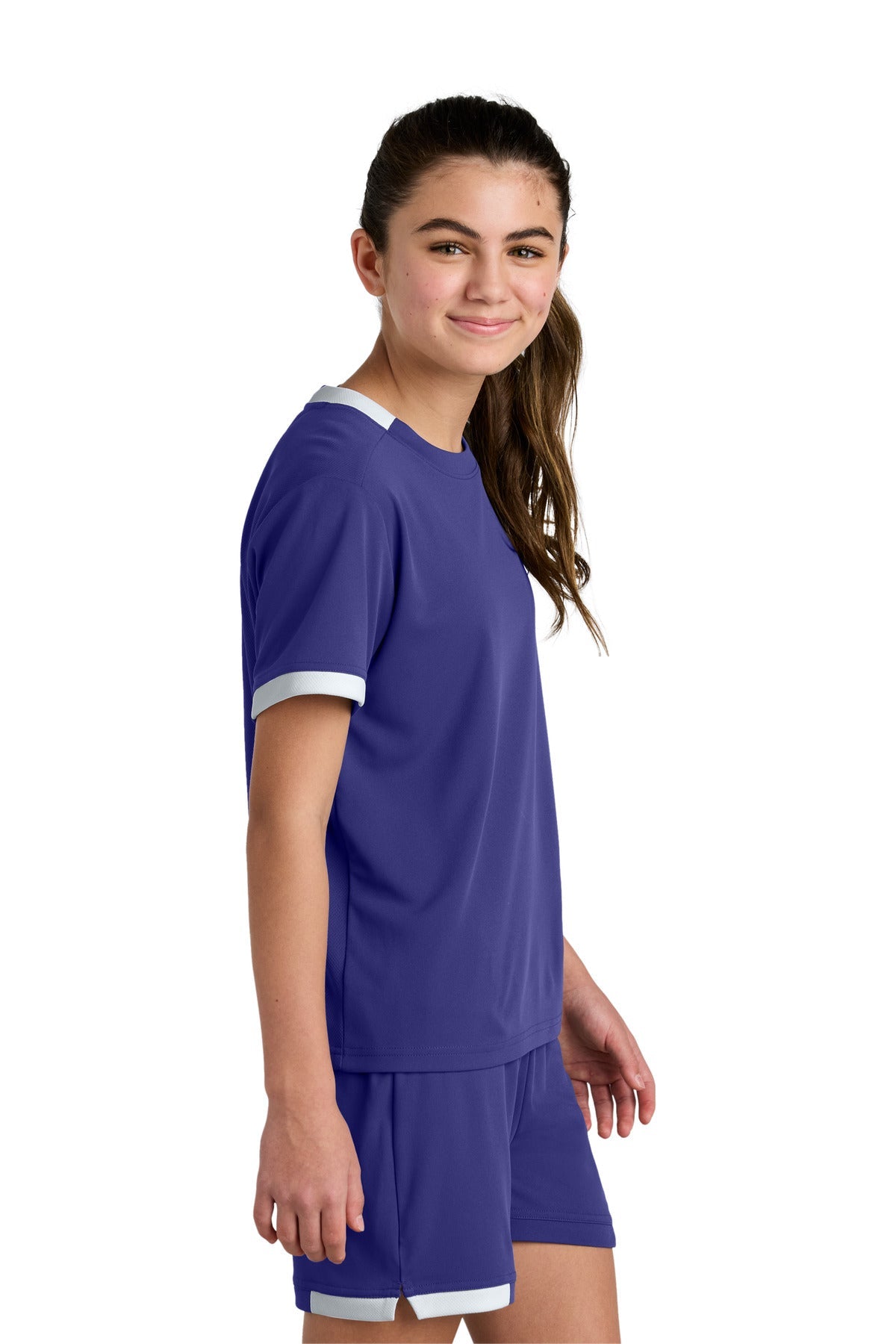 Purple/Wh Sport-Tek Youth Club Short Sleeve Crew YST440
