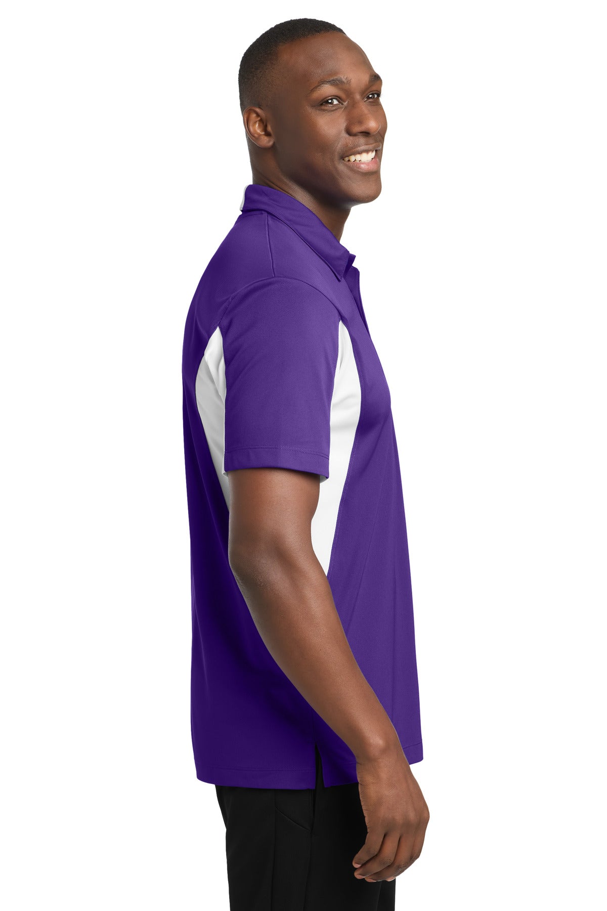 Purple/White Sport-Tek Side Blocked Micropique Sport-Wick Polo. ST655