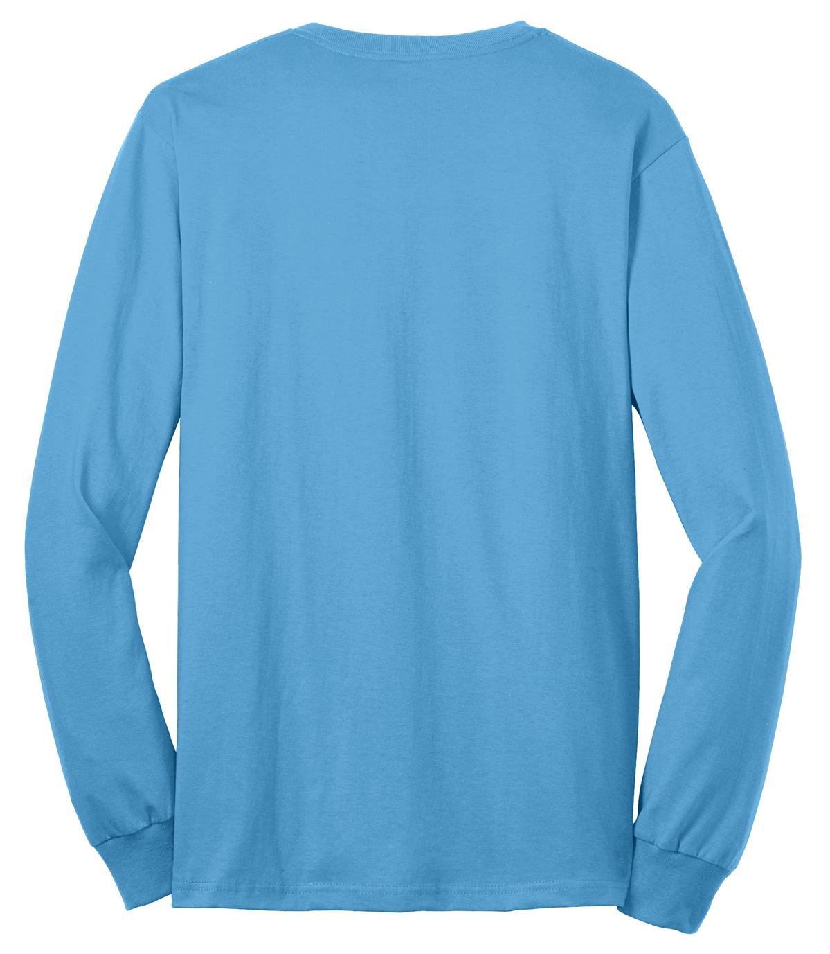 Rear View of Aquatic Blue Port & Co Long Sleeve Core Blend Tee. PC55LS