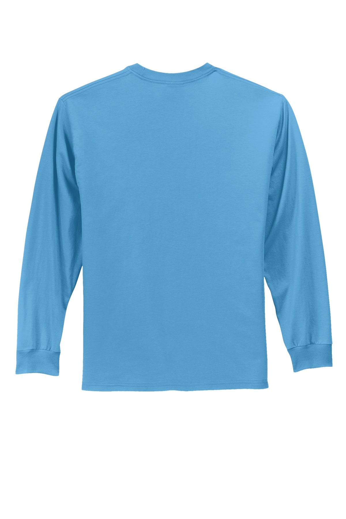 Rear View of Aquatic Blue Port & Co Long Sleeve Essential Tee. PC61LS