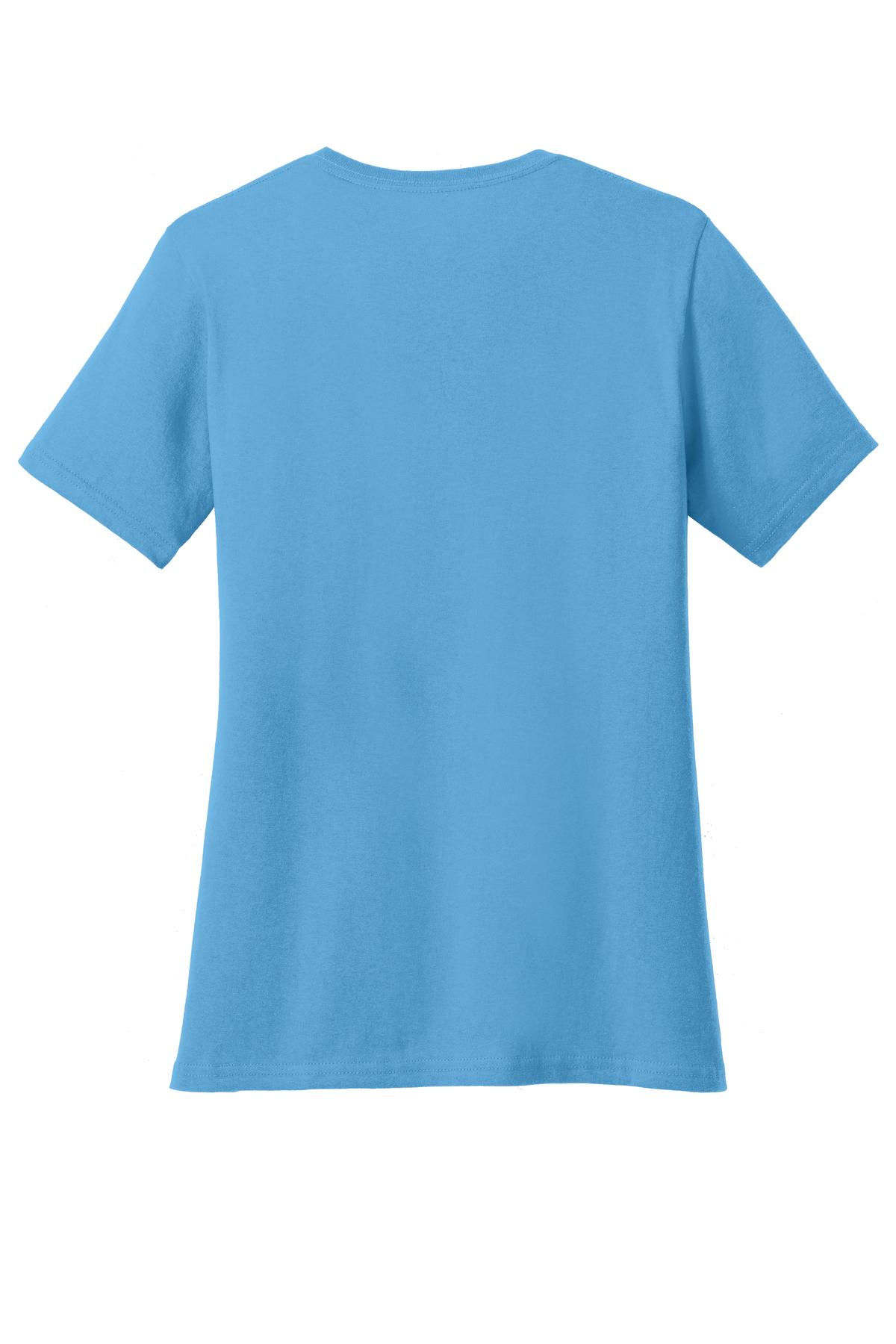 Rear View of Aquatic Blue Port & Co Women's Core Cotton V-Neck Tee. LPC54V