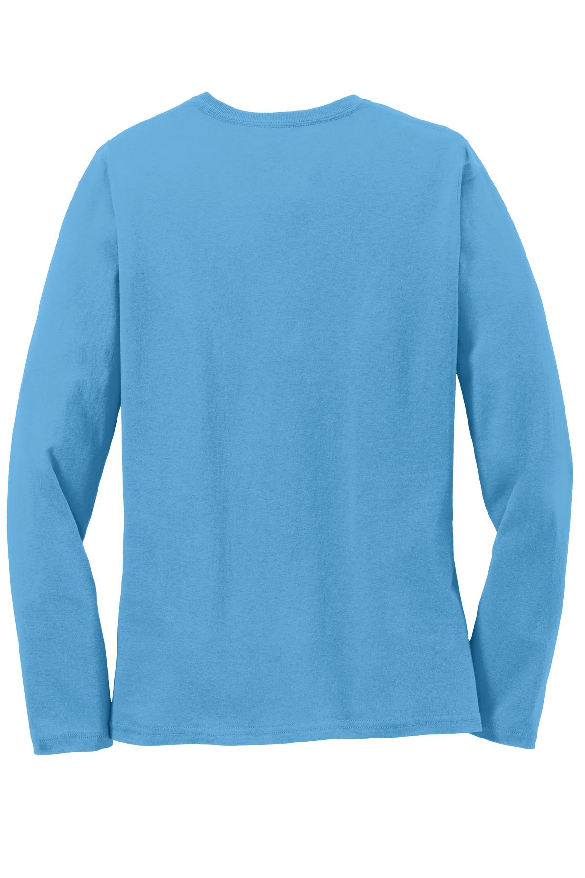 Rear View of Aquatic Blue Port & Co Women's Long Sleeve Core Cotton Tee. LPC54LS