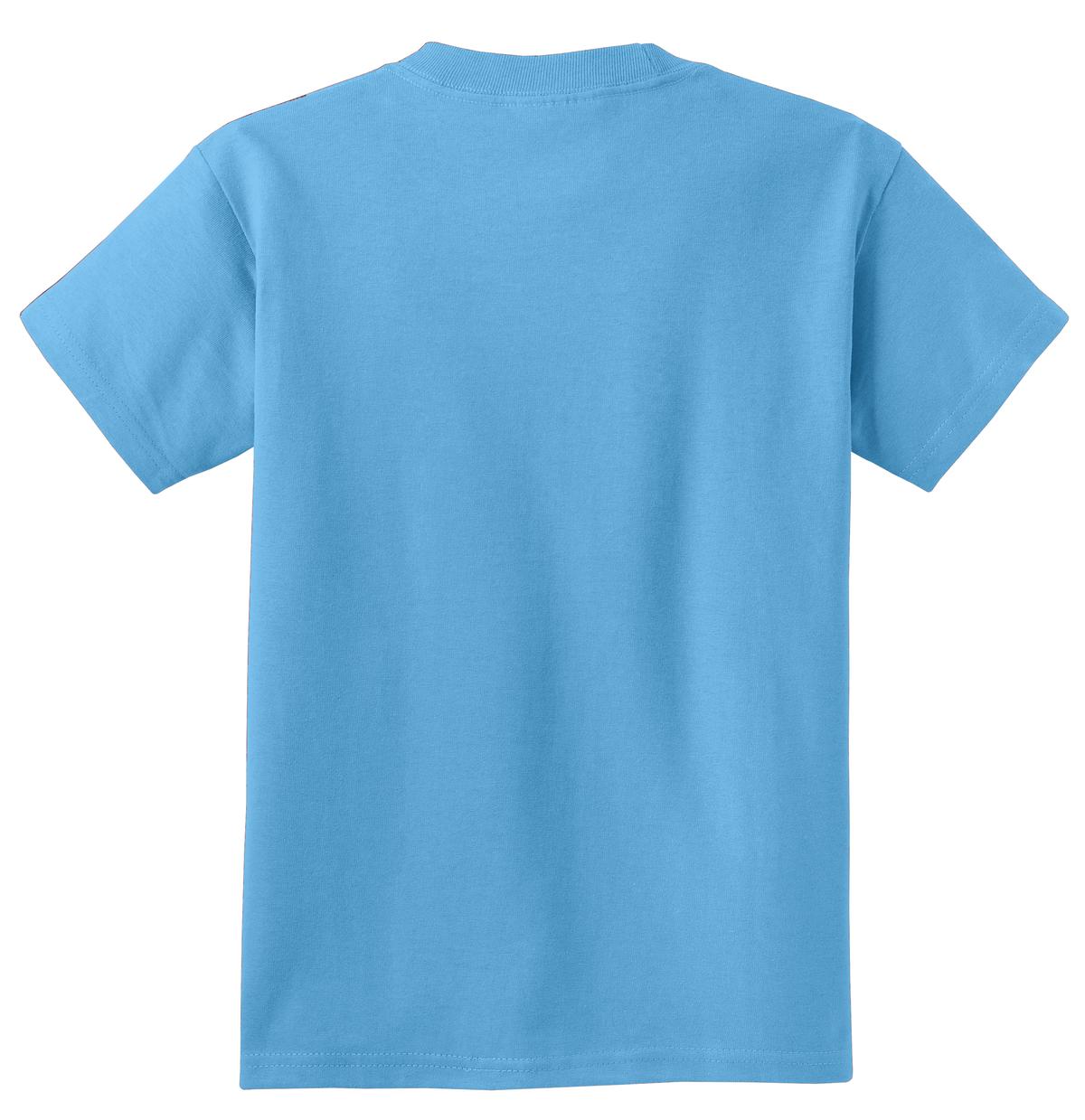 Rear View of Aquatic Blue Port & Co Youth Essential Tee. PC61Y