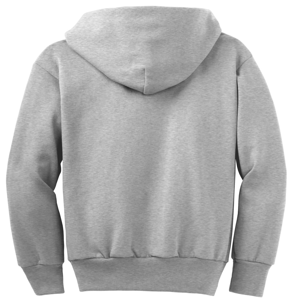 Rear View of Ash Port & Co Youth Core Fleece Full-Zip Hooded Sweatshirt. PC90YZH