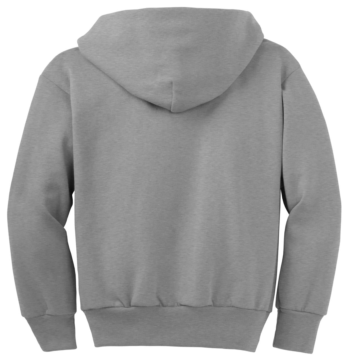 Rear View of Ath Heather Port & Co Youth Core Fleece Full-Zip Hooded Sweatshirt. PC90YZH