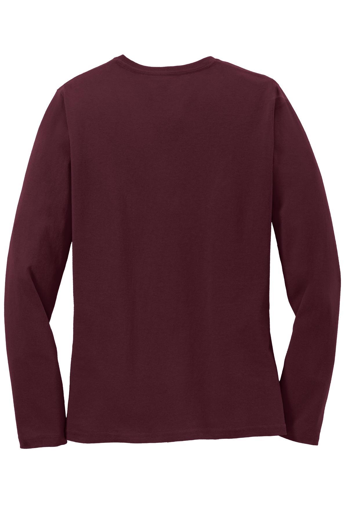 Rear View of Athl Maroon Port & Co Women's Long Sleeve Core Cotton Tee. LPC54LS