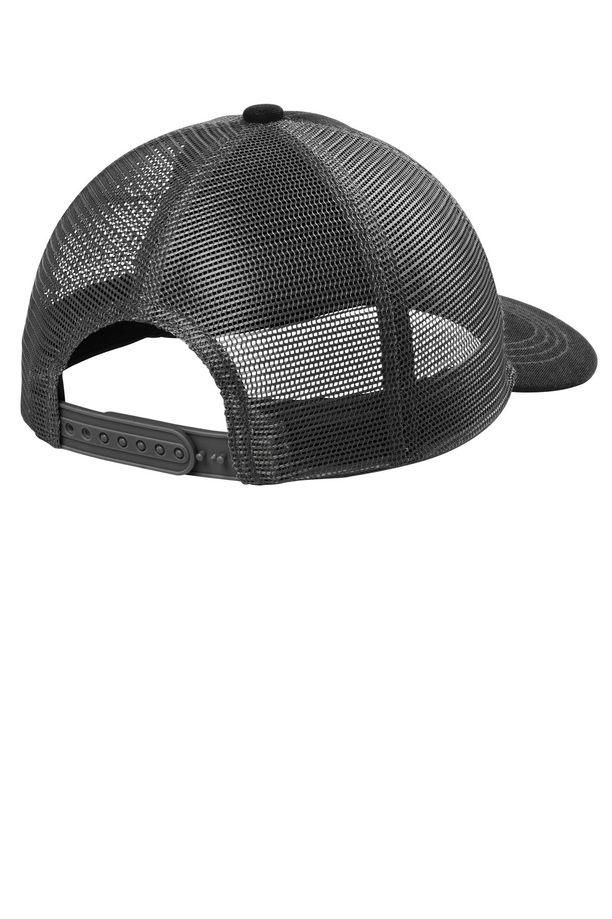 Rear View of Bk/GyStl Port Authority Unstructured Snapback Trucker Cap C409