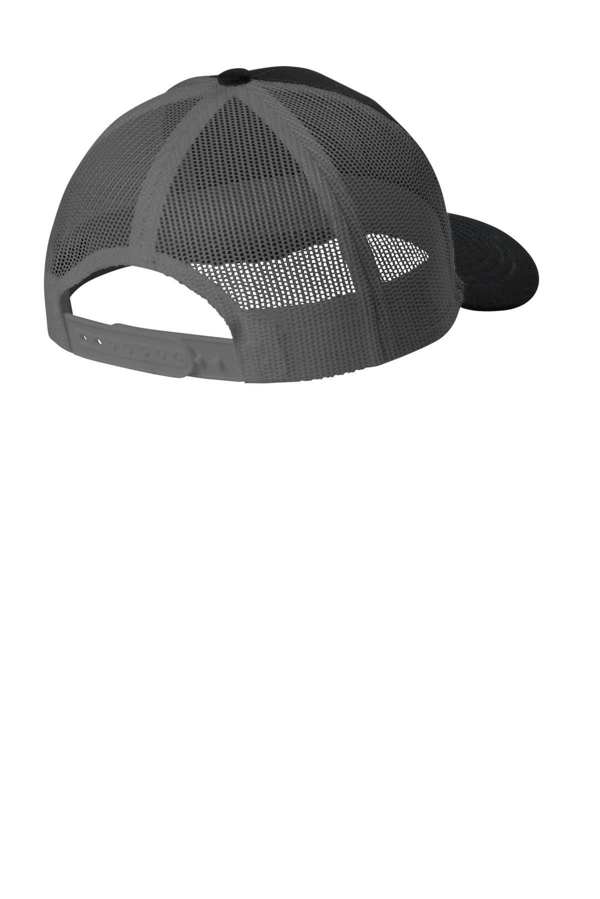 Rear View of Bk/GyStl Port Authority Youth Snapback Trucker Cap YC402