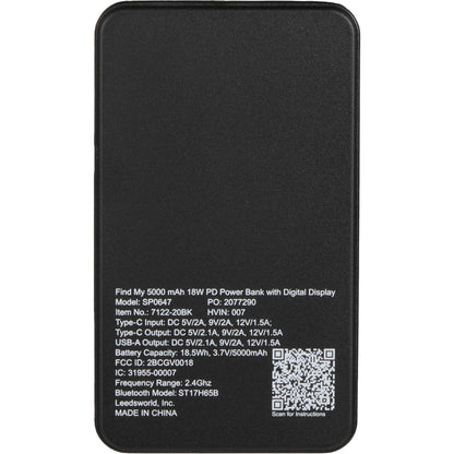Rear View of Black Find My 5000 mAh 18W PD Power Bank/Digital Display