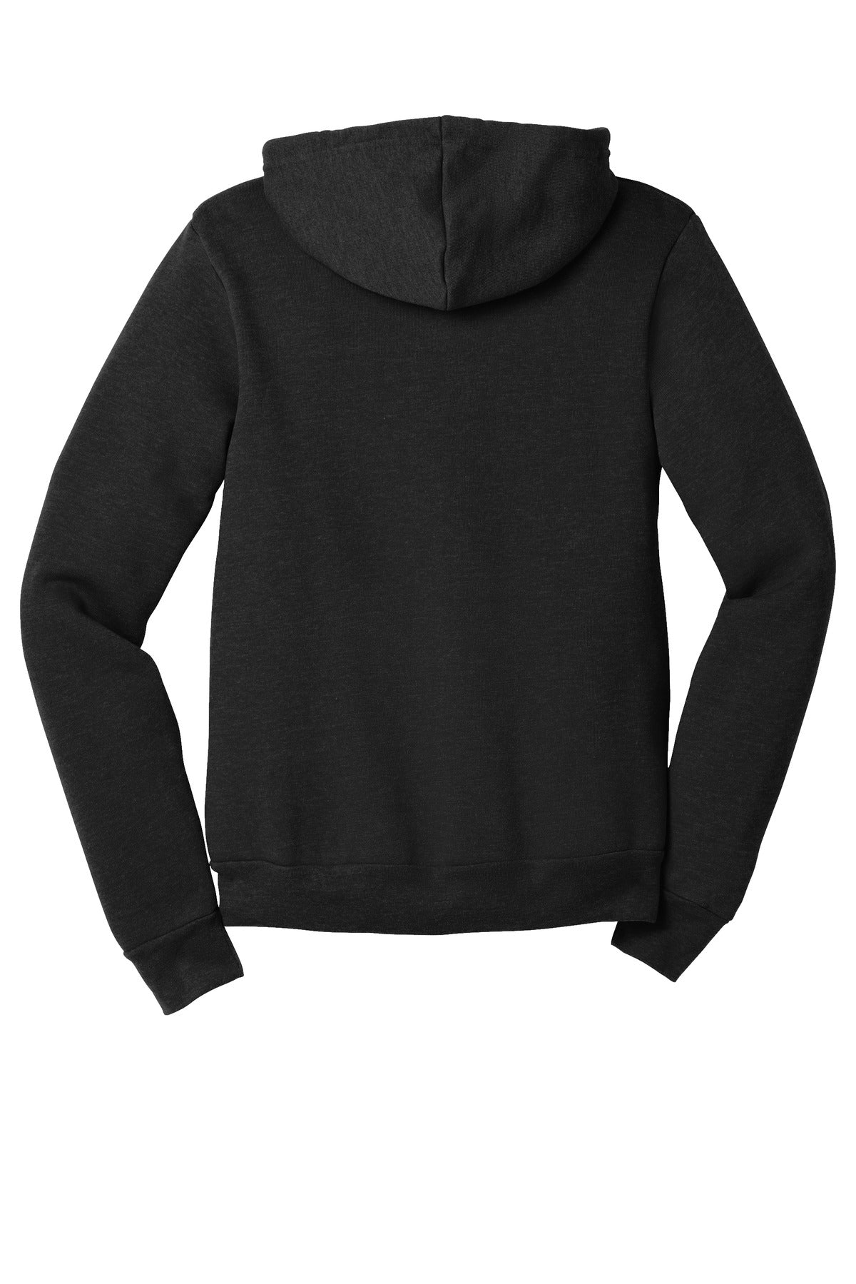 Rear View of Black Ht BELLA+CANVAS Unisex Sponge Fleece Full-Zip Hoodie. BC3739