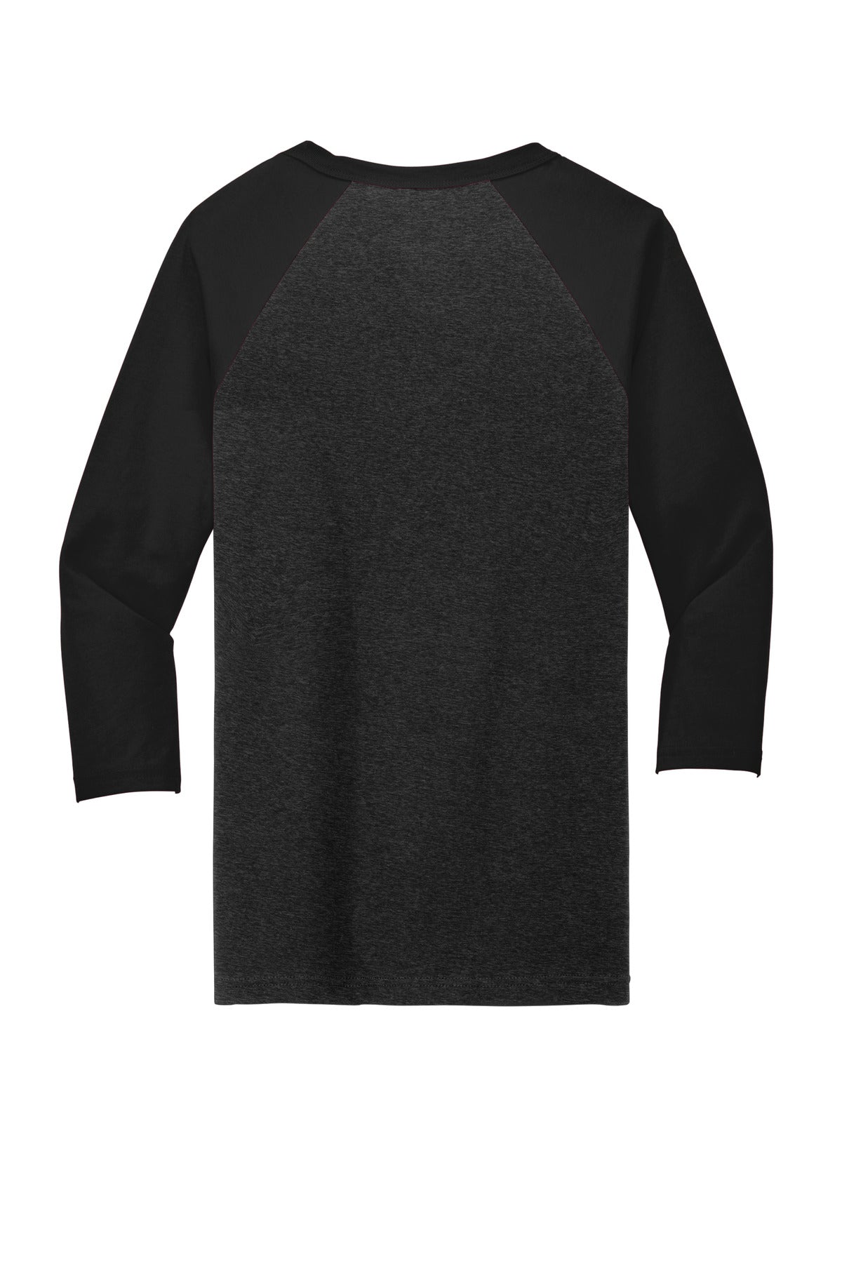 Rear View of Black Ht/Black BELLA+CANVAS Unisex 3/4-Sleeve Baseball Tee. BC3200