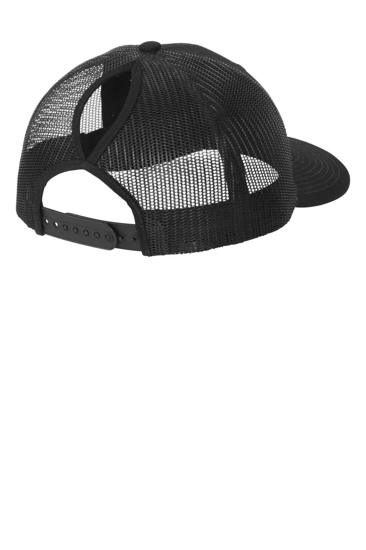 Rear View of Black Port Authority Snapback Ponytail Trucker Cap LC401