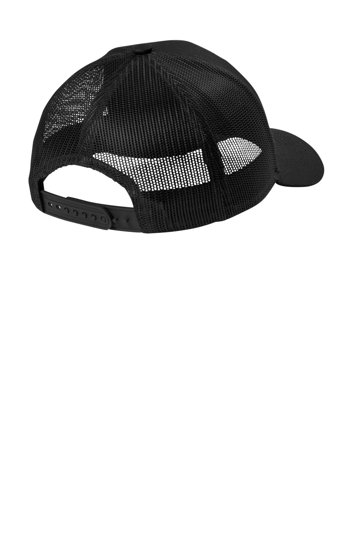 Rear View of Black Port Authority Youth Snapback Trucker Cap YC402