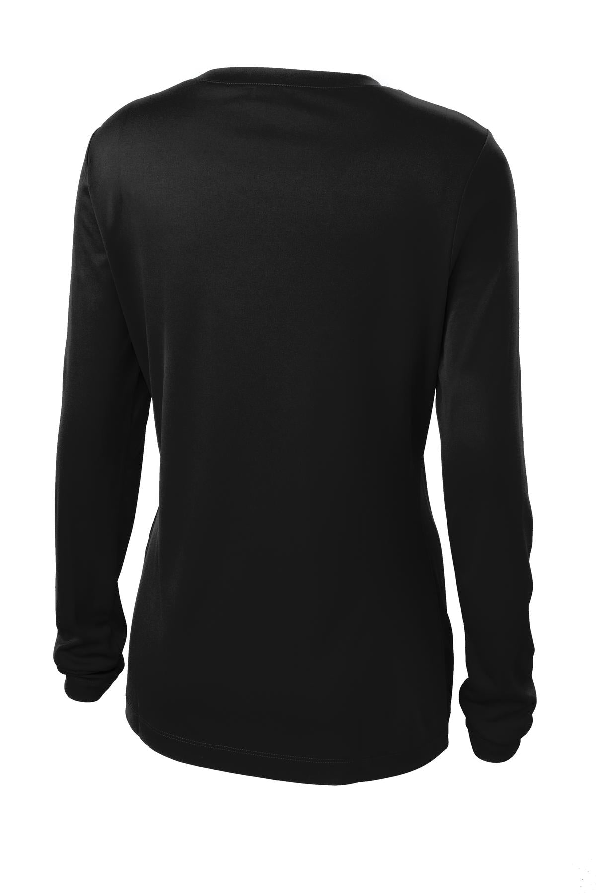 Rear View of Black Sport-Tek Women's Long Sleeve PosiCharge Competitor V-Neck Tee. LST353LS