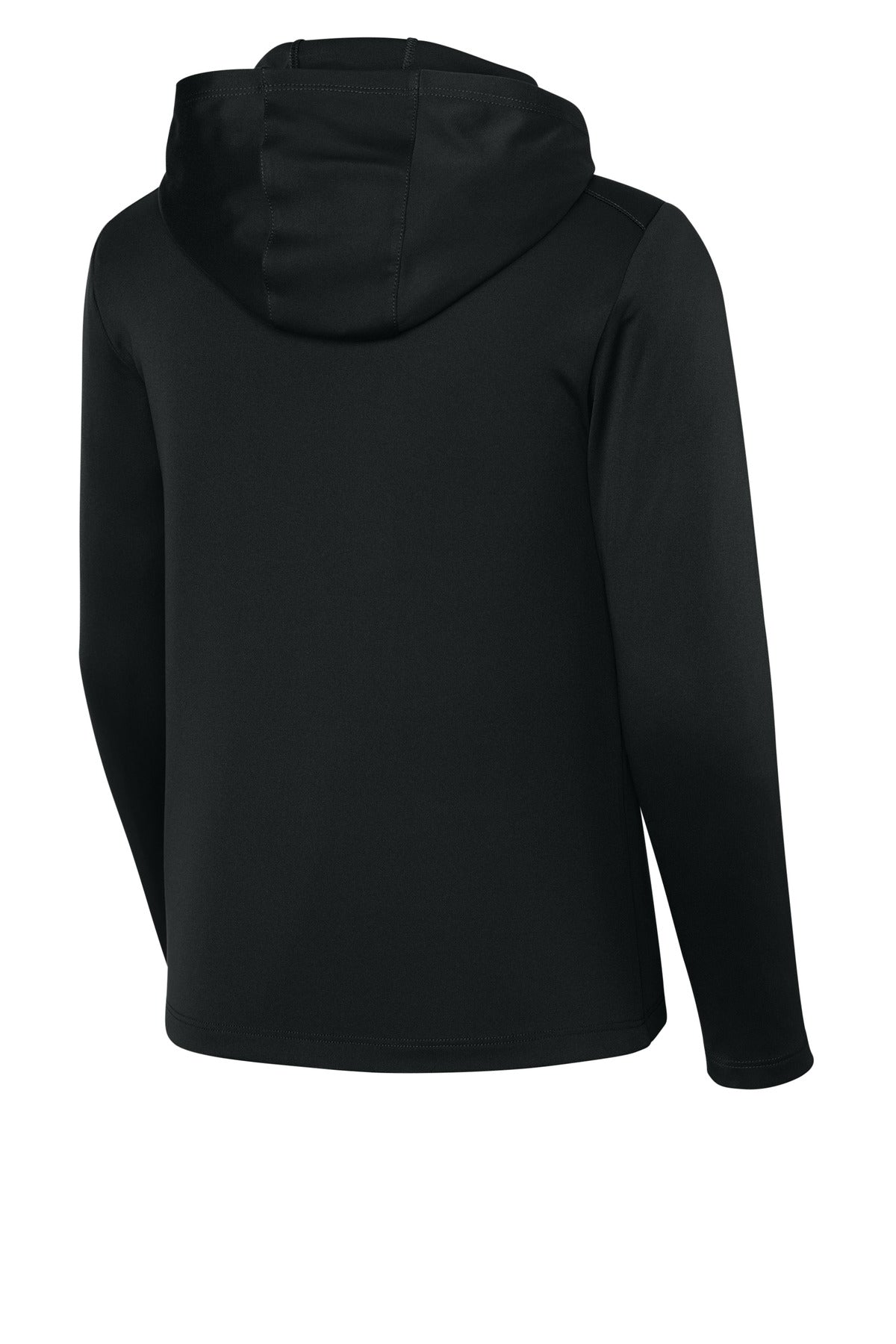 Rear View of Black Sport-Tek Youth Posi-UV Pro Long Sleeve Hoodie YST420LSH
