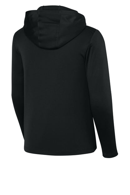 Rear View of Black Sport-Tek Youth Posi-UV Pro Long Sleeve Hoodie YST420LSH