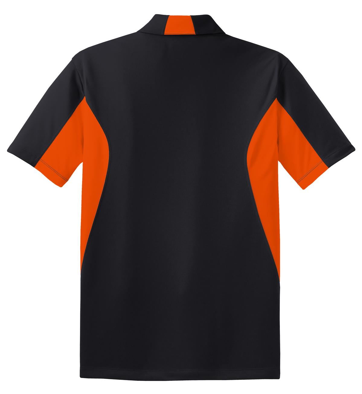 Rear View of Black/Dp Orng Sport-Tek Side Blocked Micropique Sport-Wick Polo. ST655