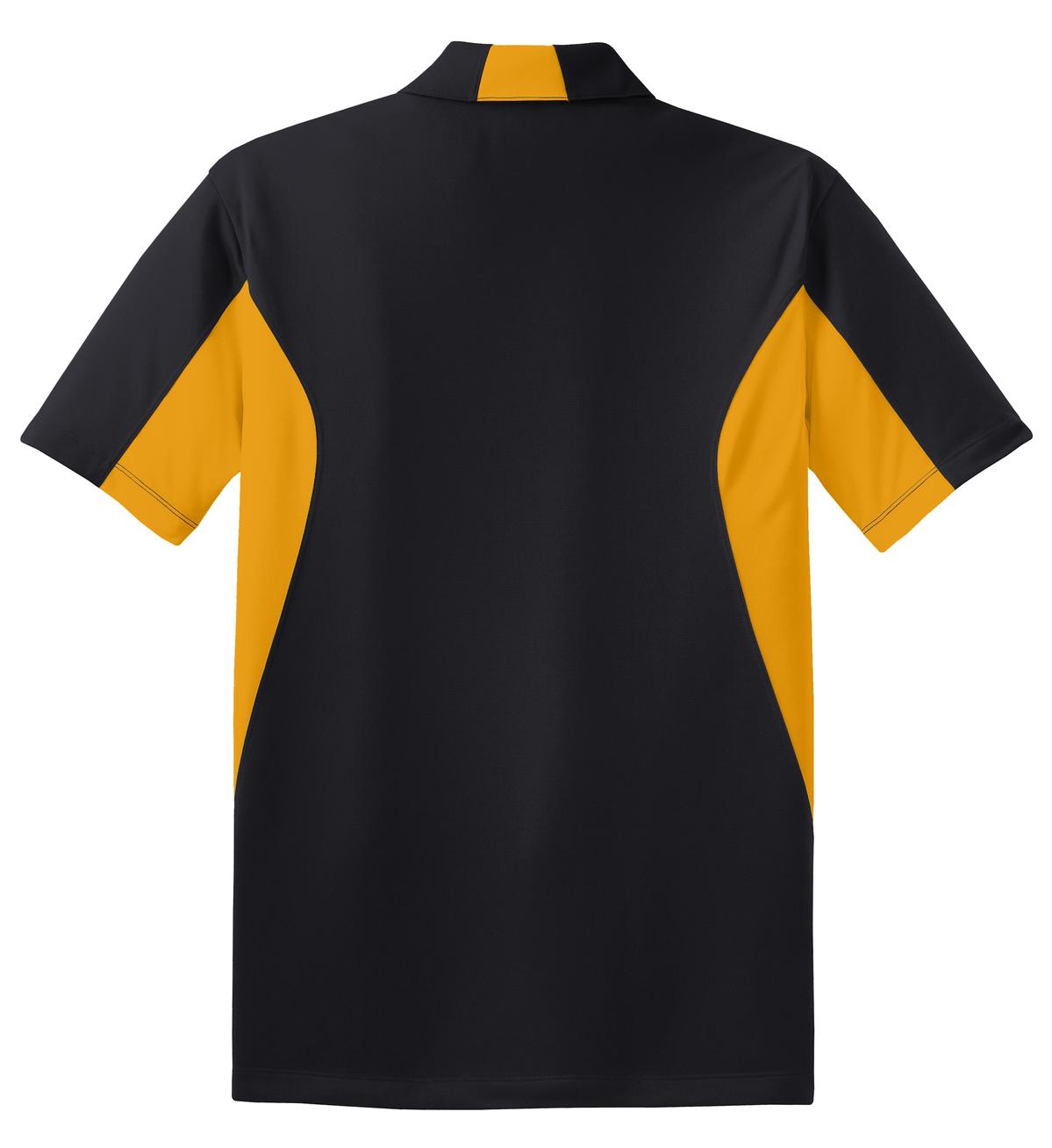 Rear View of Black/Gold Sport-Tek Side Blocked Micropique Sport-Wick Polo. ST655