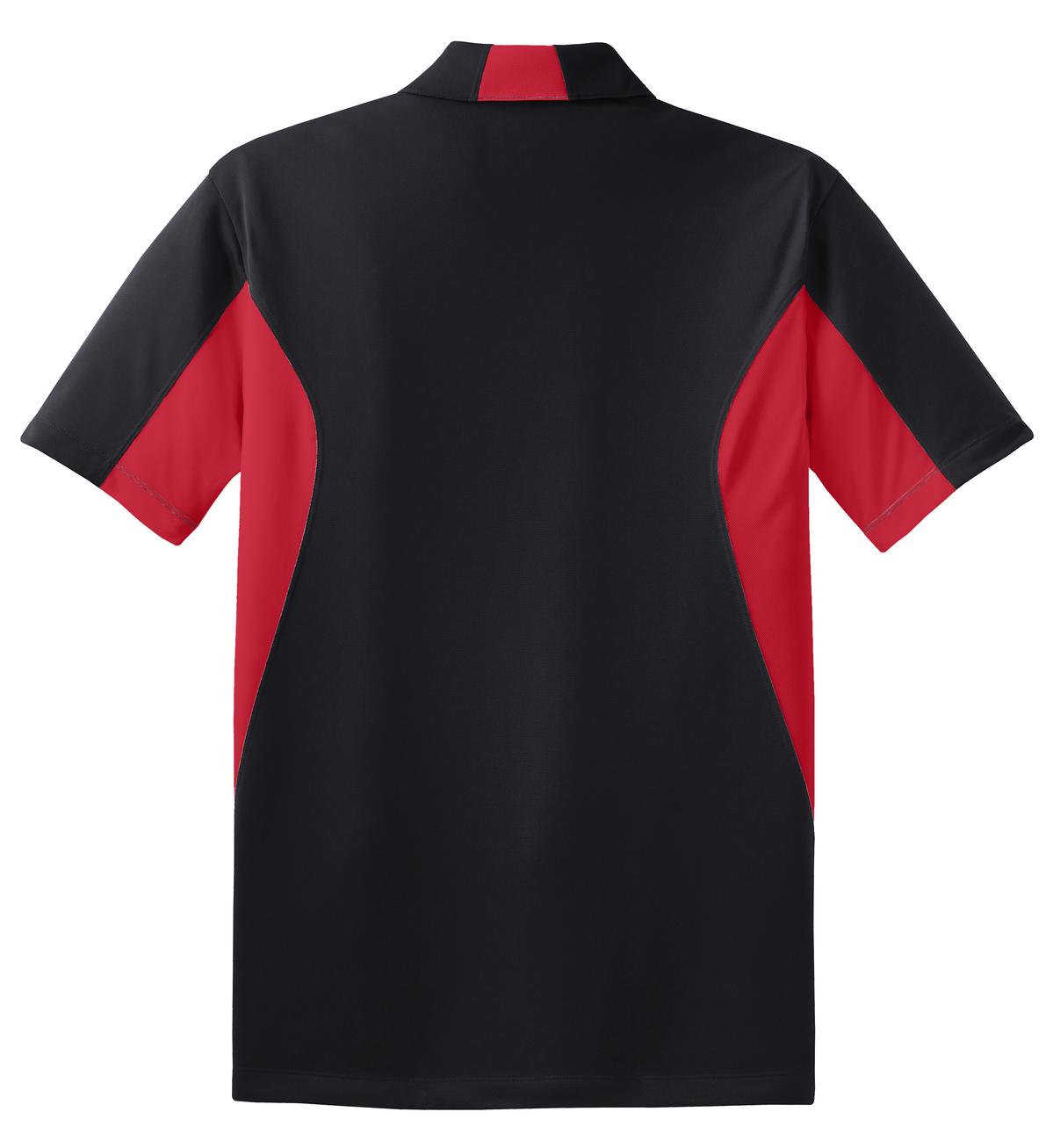 Rear View of Black/Red Sport-Tek Side Blocked Micropique Sport-Wick Polo. ST655