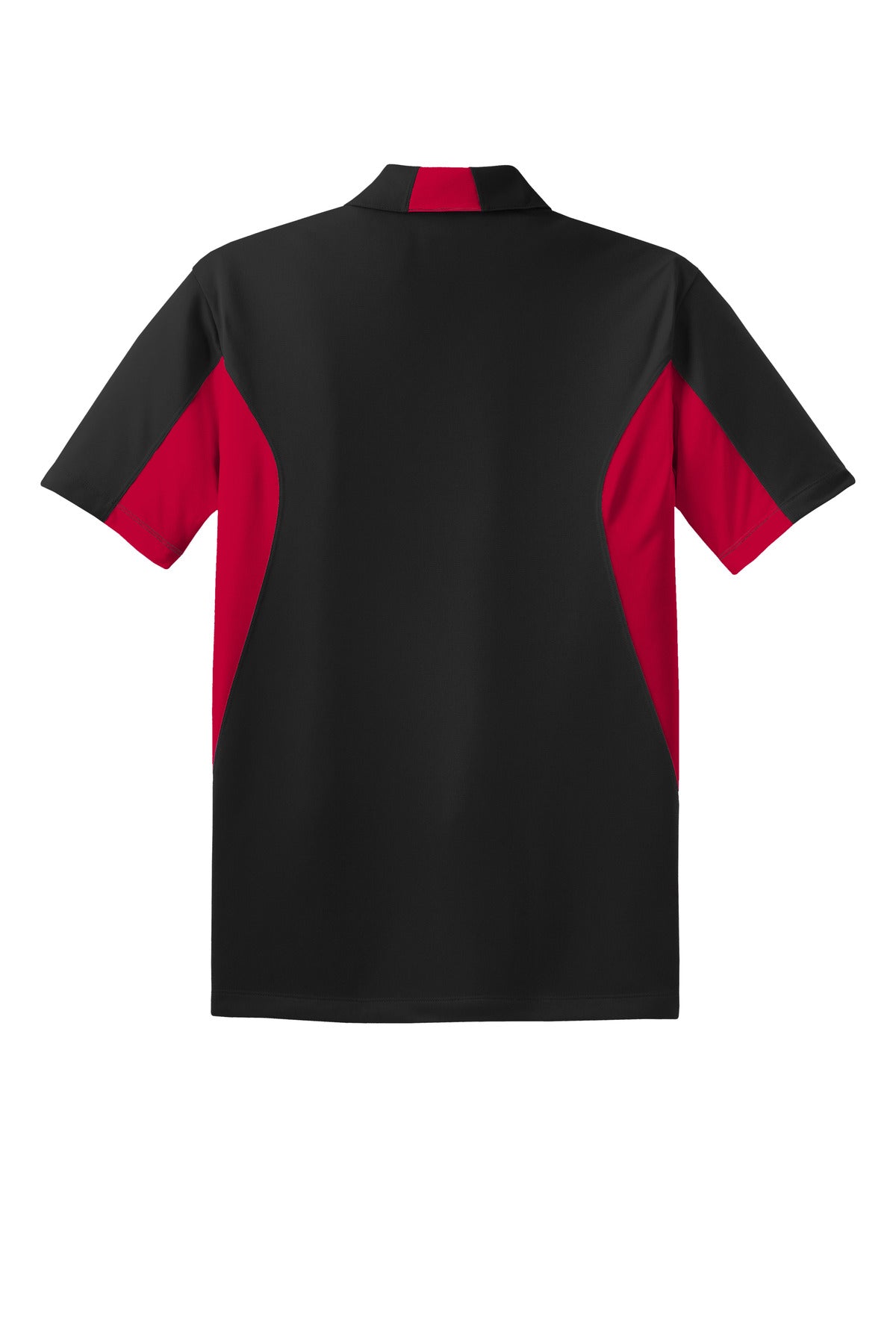 Rear View of Blk/DpRed Sport-Tek Side Blocked Micropique Sport-Wick Polo. ST655