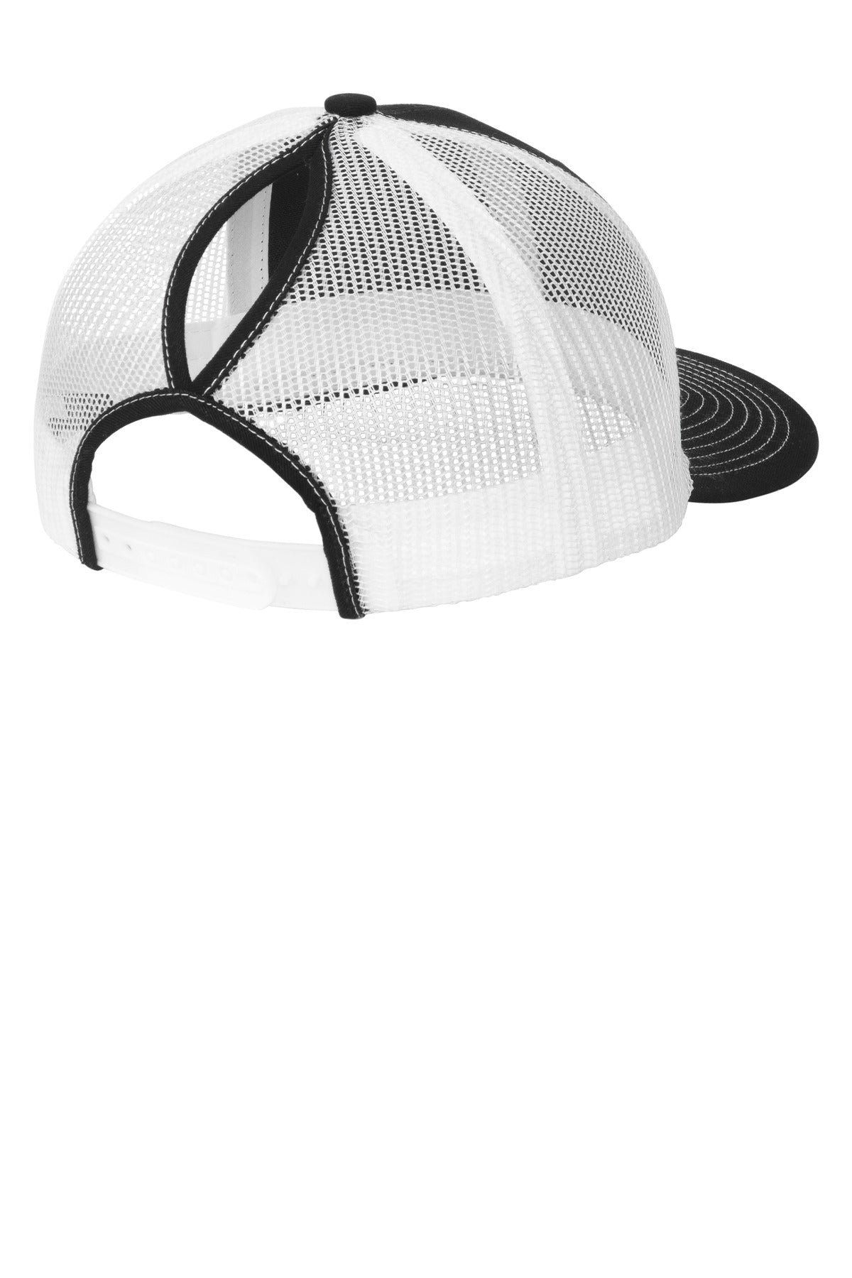 Rear View of Blk/White Port Authority Snapback Ponytail Trucker Cap LC401
